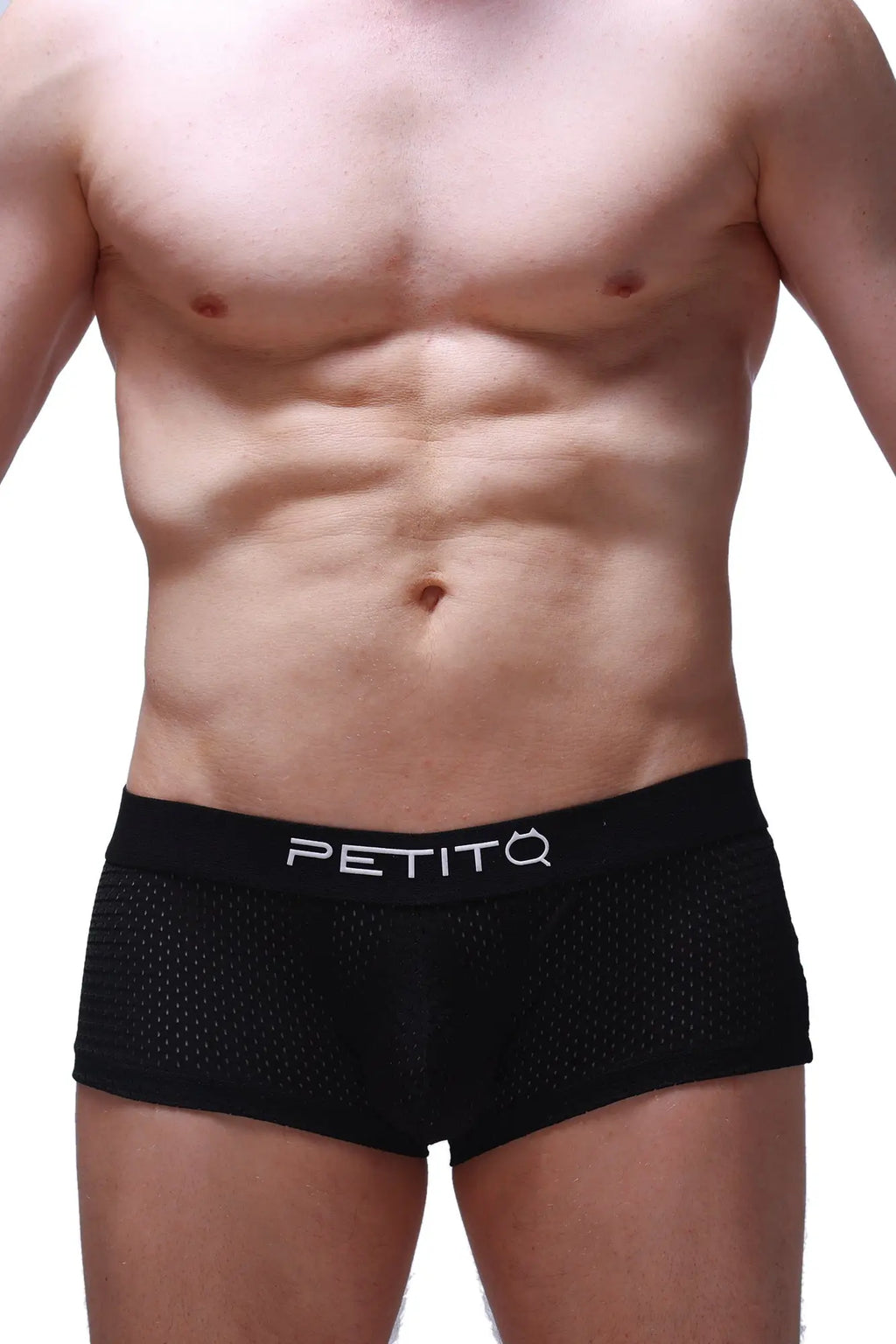 Black mesh boxer briefs with white petitq logo on waistband from the reotier bee black collection