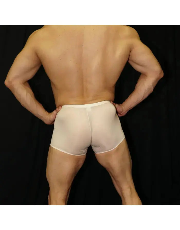 Men's silky cream boxer underwear by Arroyman featuring a smooth finish and snug fit shown from the back.