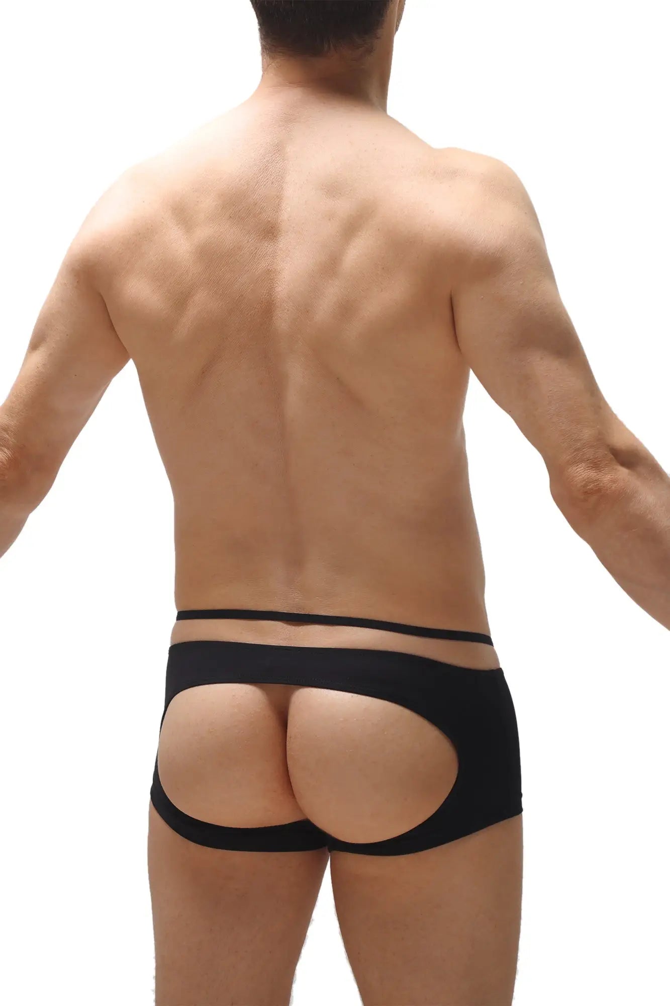 Black boxer sling melin briefs showing back side with a sleek open-back design and form-fitting fit