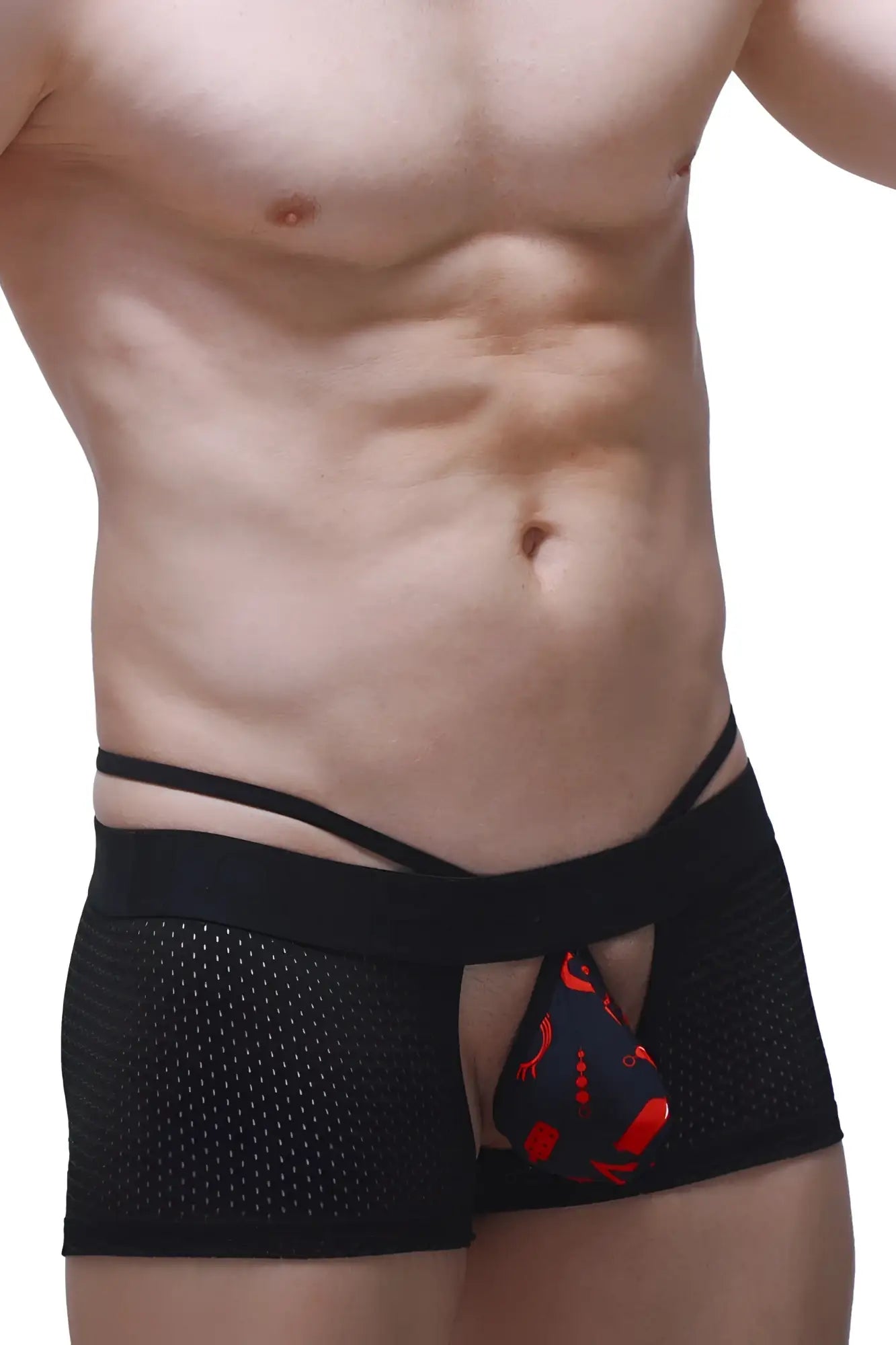 Black mesh boxer sling melin boudoir briefs with red and black patterned pouch front view