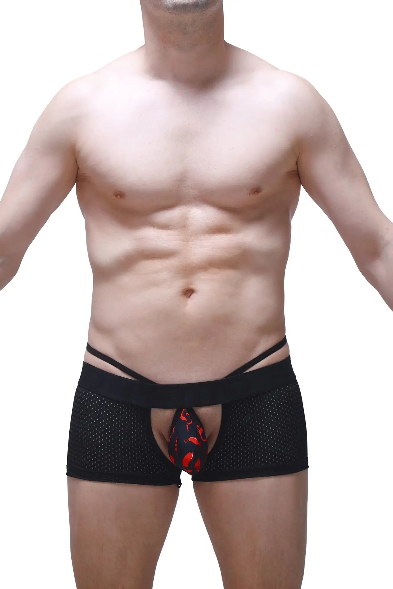 Black mesh boxer sling melin boudoir briefs with red and black patterned pouch for stylish comfort