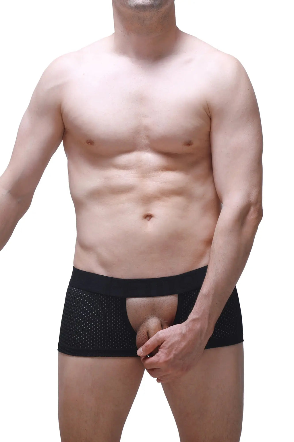 Black mesh boxer sling melin red briefs with solid waistband and open front design for bold stylish wear