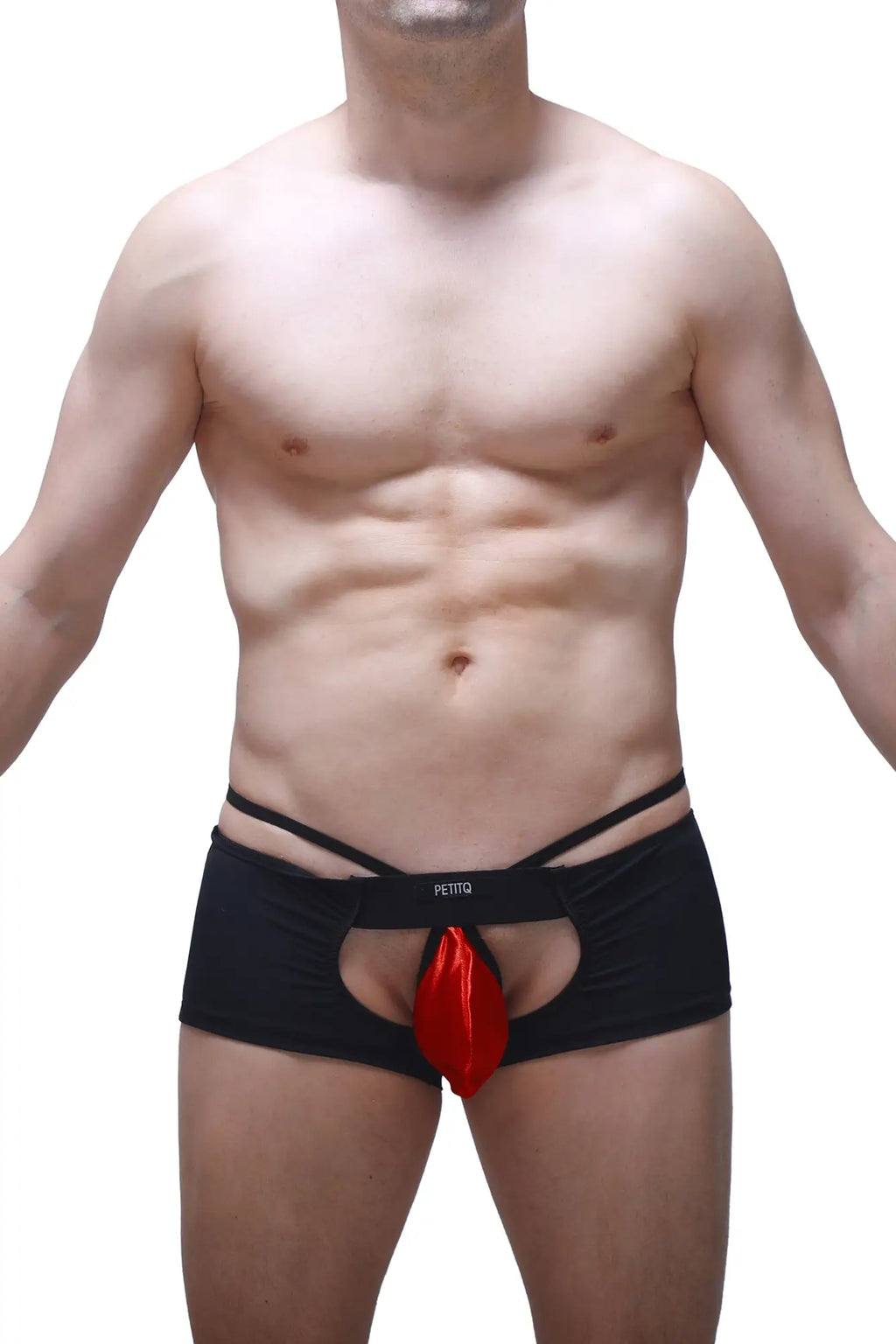 Black boxer sling briefs with a red satin pouch and petitq branded waistband in the melin red design