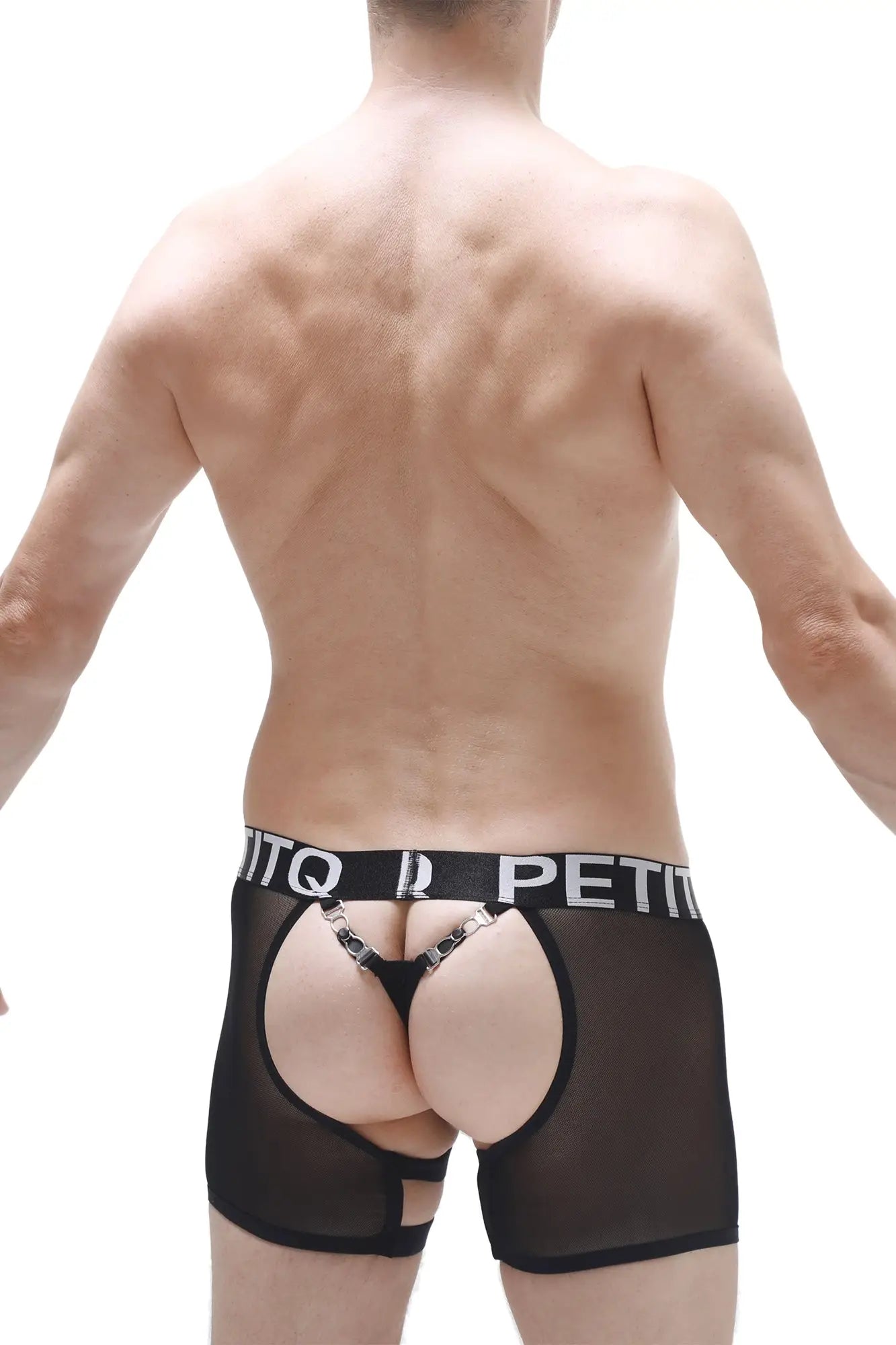 Black sheer mesh boxer string garter angy briefs with black waistband white lettering and silver chain detailing back view