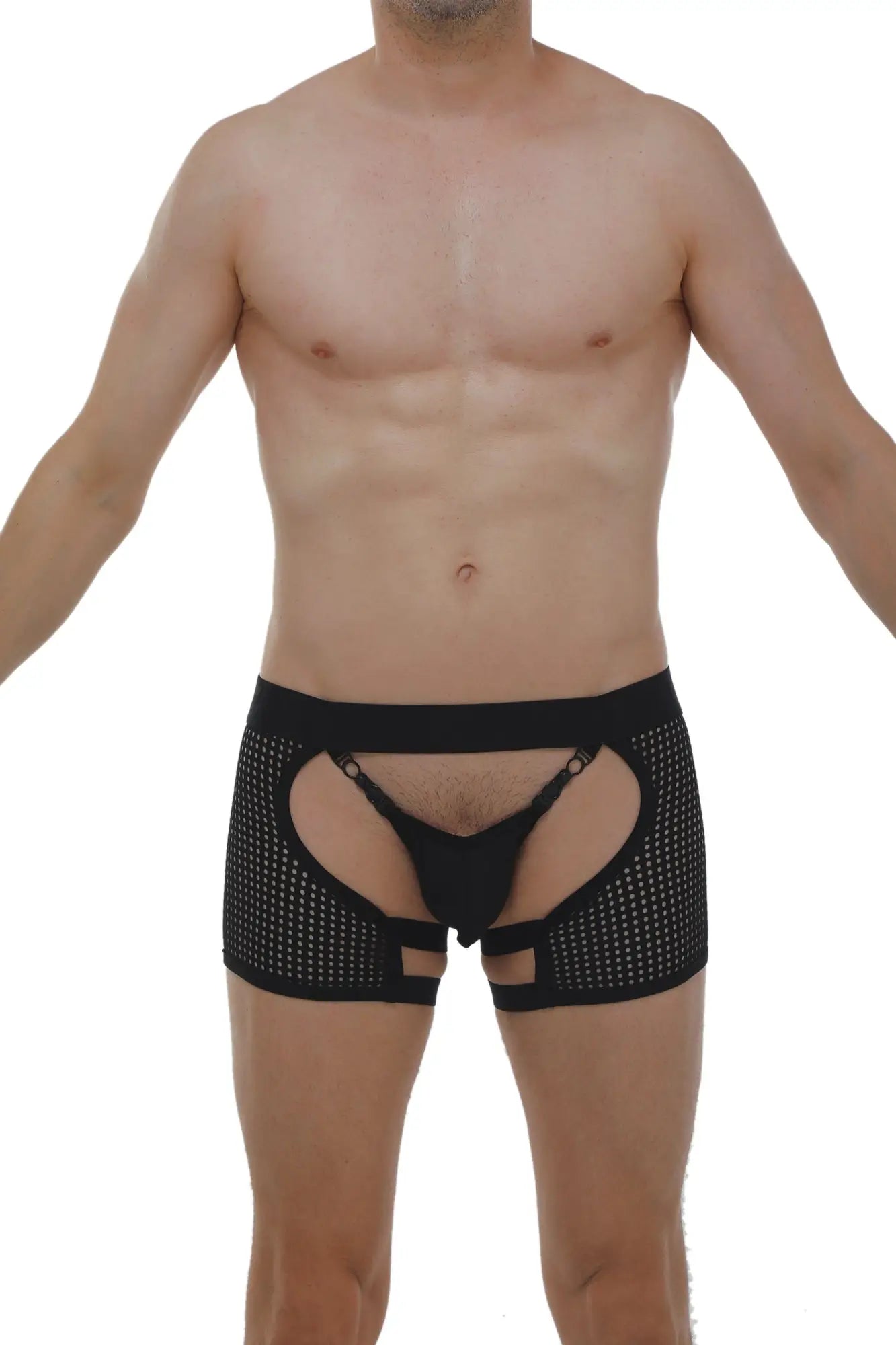 Black mesh boxer string garter angy durtol briefs with cut-out design and adjustable straps for lingerie wear
