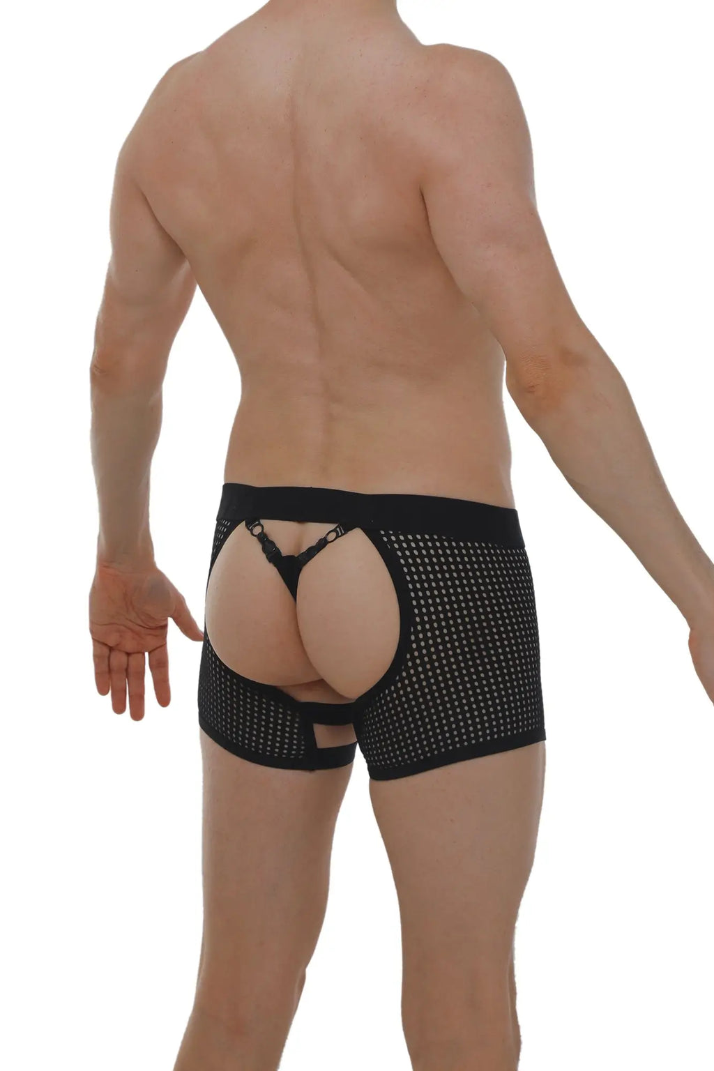 Black mesh boxer string garter angy durtol briefs with cutout design and lace trim showing front side