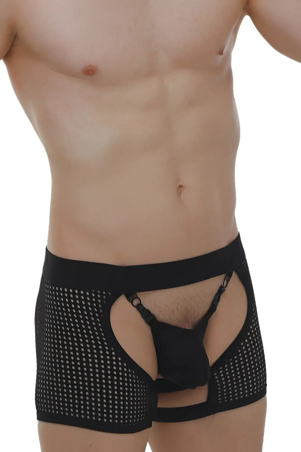 Black mesh boxer string garter angy durtol briefs with perforated design and open front detail