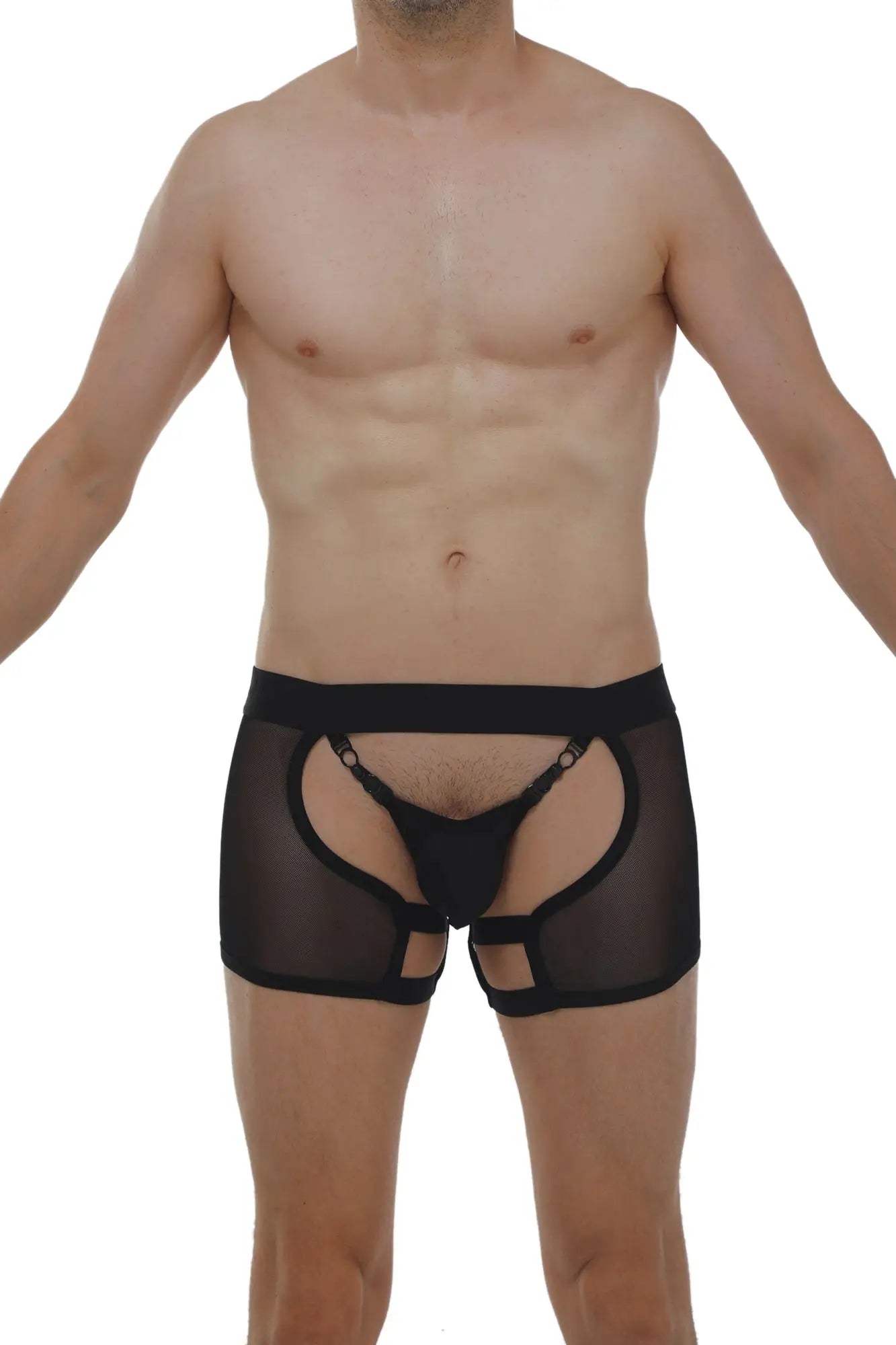 Black sheer mesh boxer string garter Angy net briefs with bold open front and reinforced elastic waistband