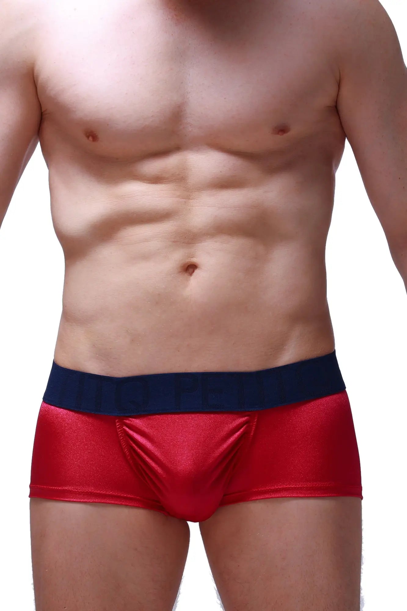 Boxer Taik Joe Framboise red metallic briefs with navy blue waistband made of shiny fabric for stylish comfort