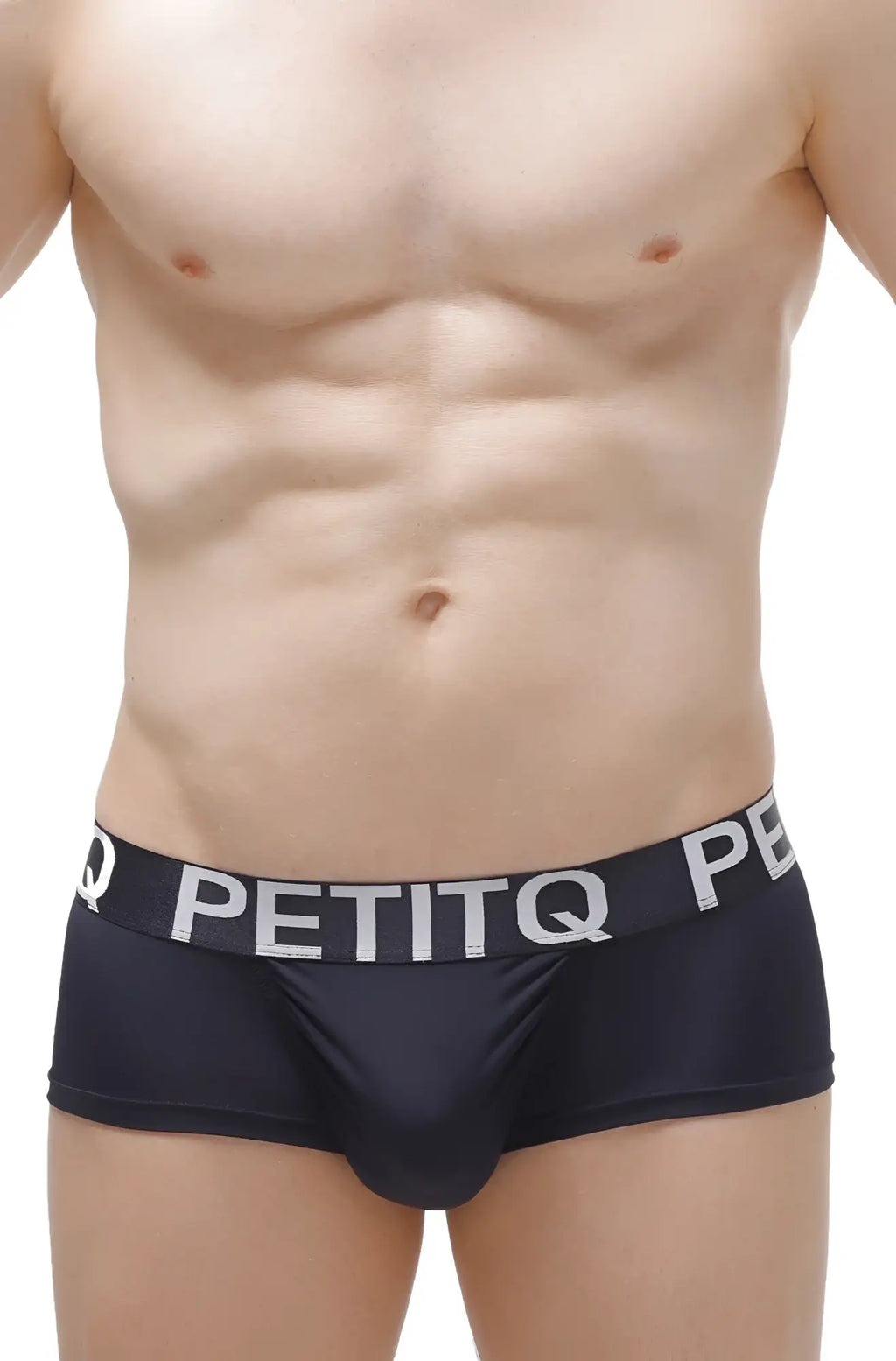 Black petitq men’s boxer taik plum briefs with white logo elastic band showing front side design