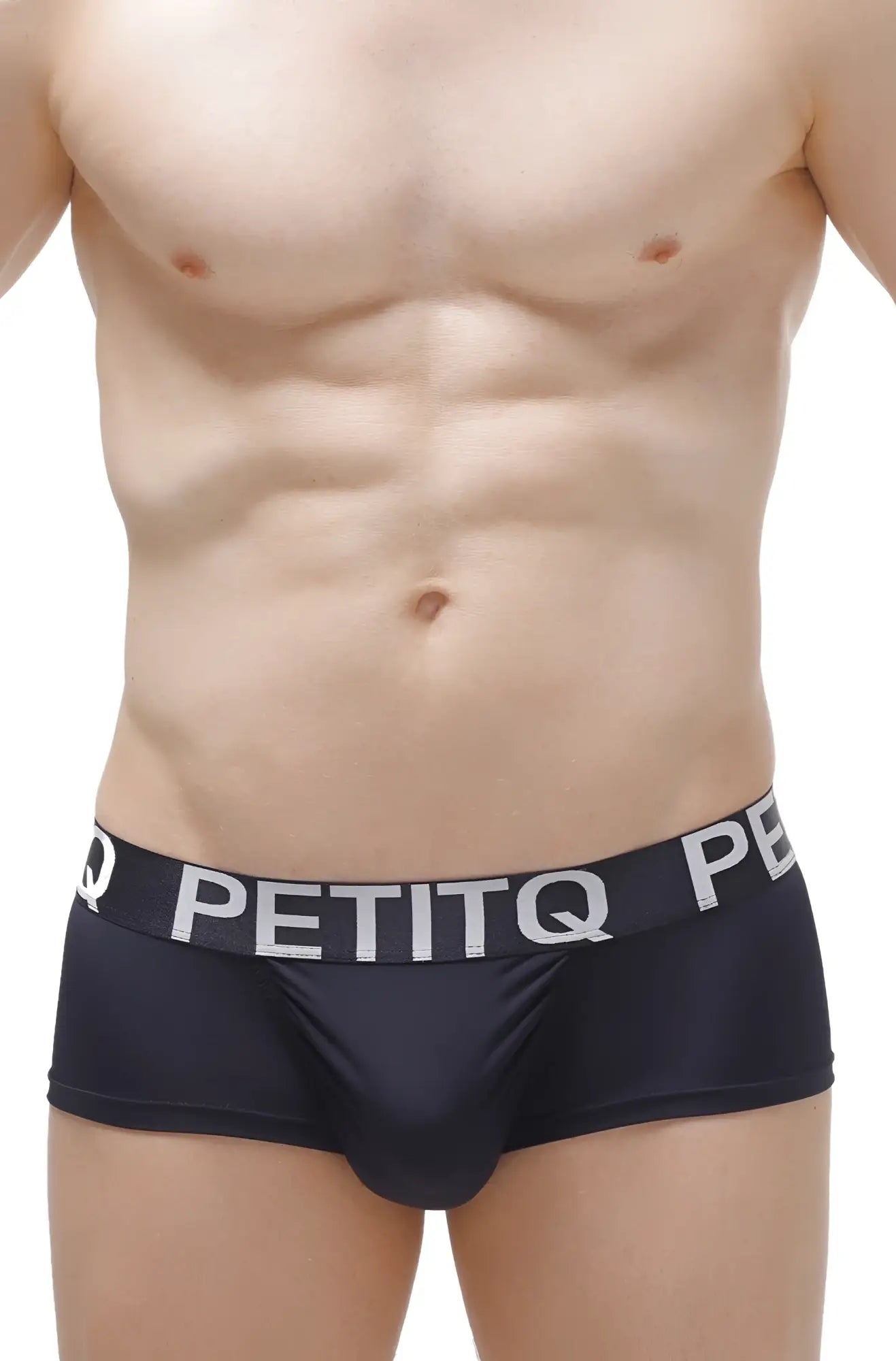 Black petitq men’s boxer taik plum briefs with white logo elastic band showing front side design