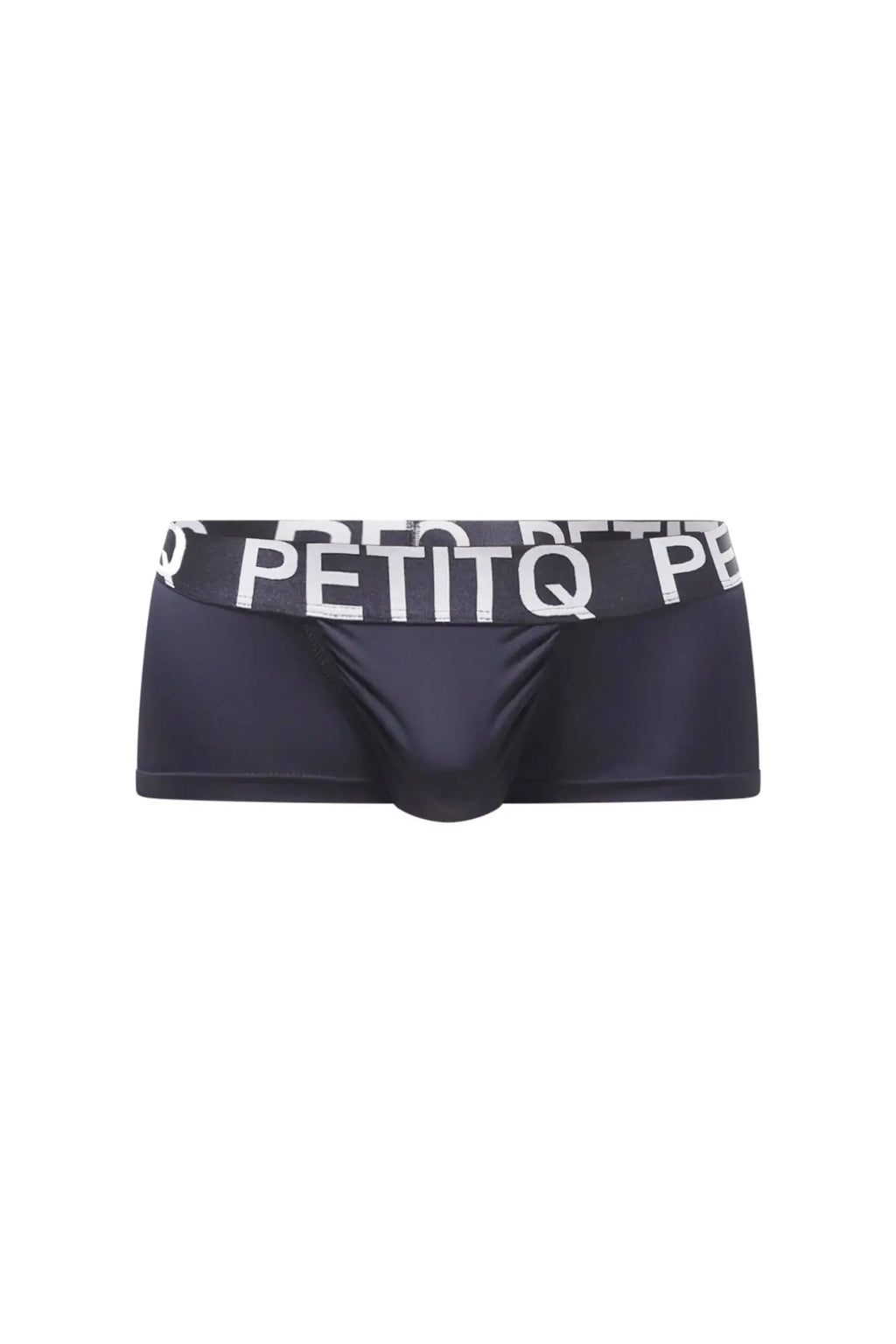 Black petitq men’s boxer briefs with a white logo band in the taik plum black design showing front view
