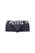 Black petitq men’s boxer briefs with a white logo band in the taik plum black design showing front view