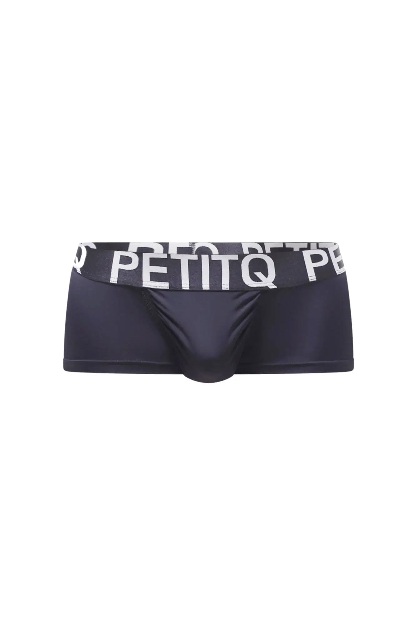Black petitq men’s boxer briefs with a white logo band in the taik plum black design showing front view