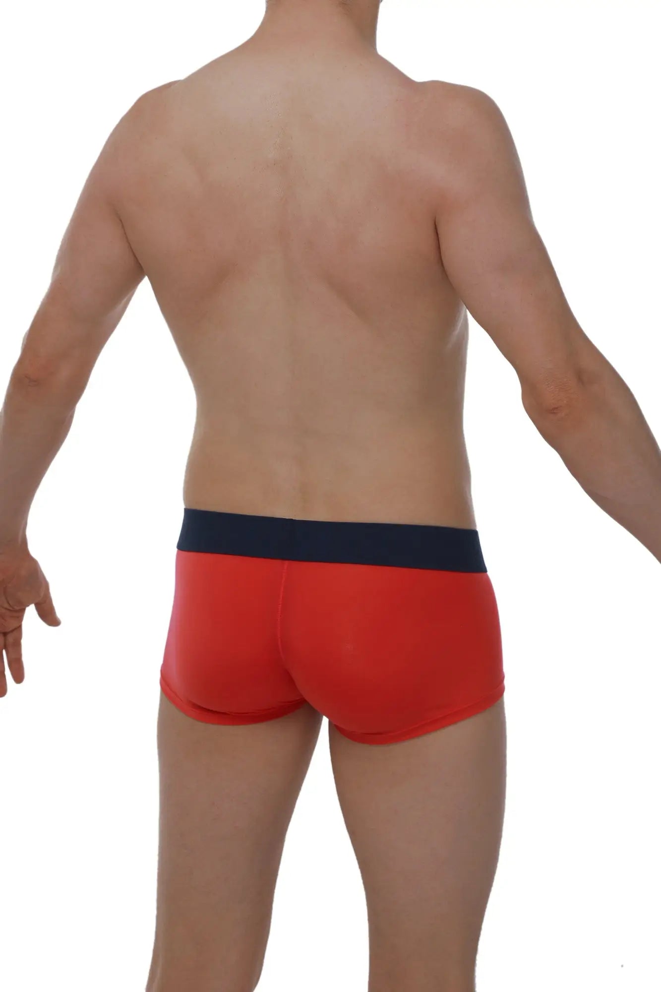 Red boxer briefs in plum crimson with a navy blue waistband made of soft breathable fabric for comfortable wear