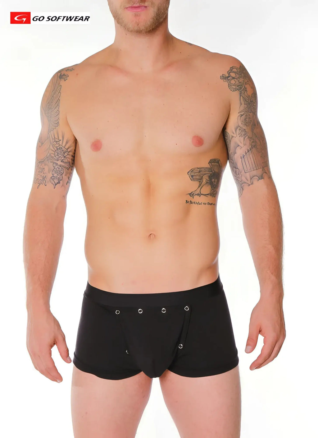 Black men’s briefs with silver grommets and a removable central front cod piece for stylish comfort