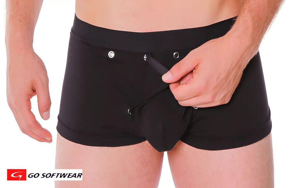Black men’s briefs boxer with removable cod piece featuring front zipper closure and silver metal eyelets