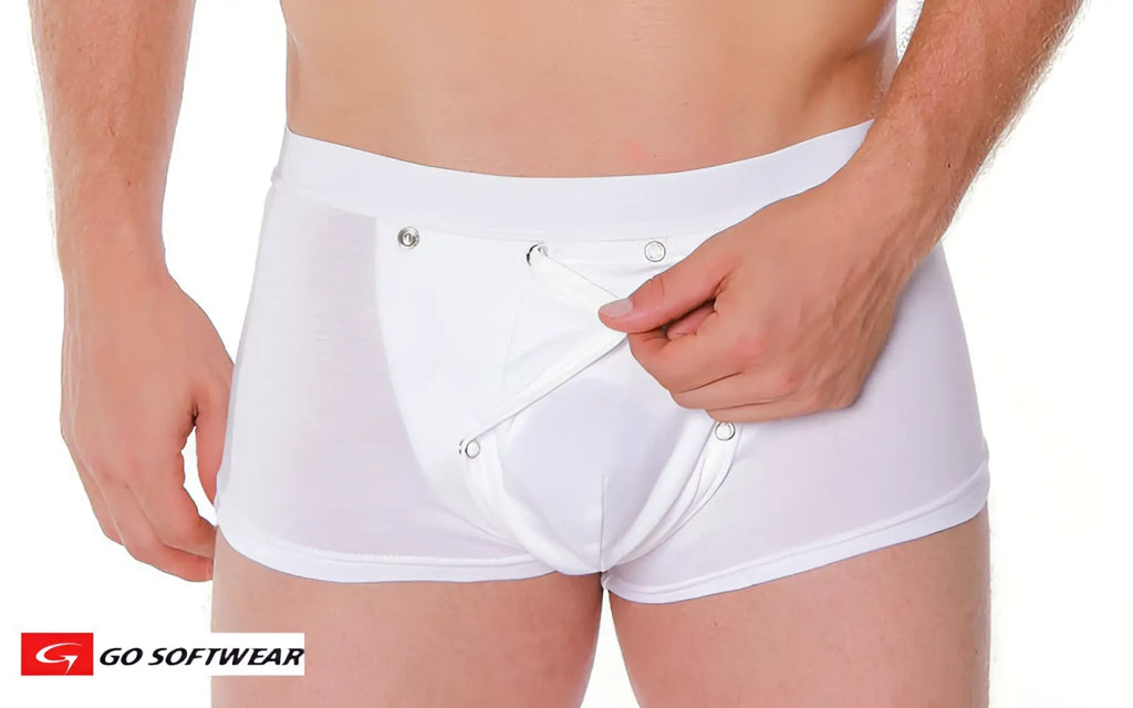 White men’s boxer briefs with a lace-up front and silver metal eyelets featuring a removable cod piece
