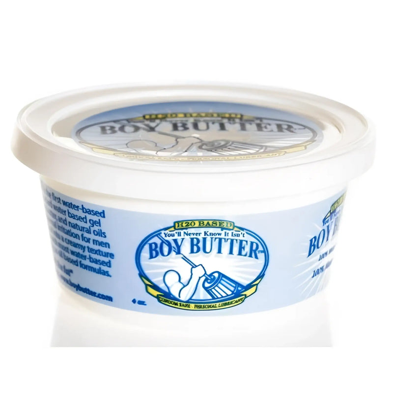 White plastic container of boy butter h20 based personal lubricant with blue and yellow label design