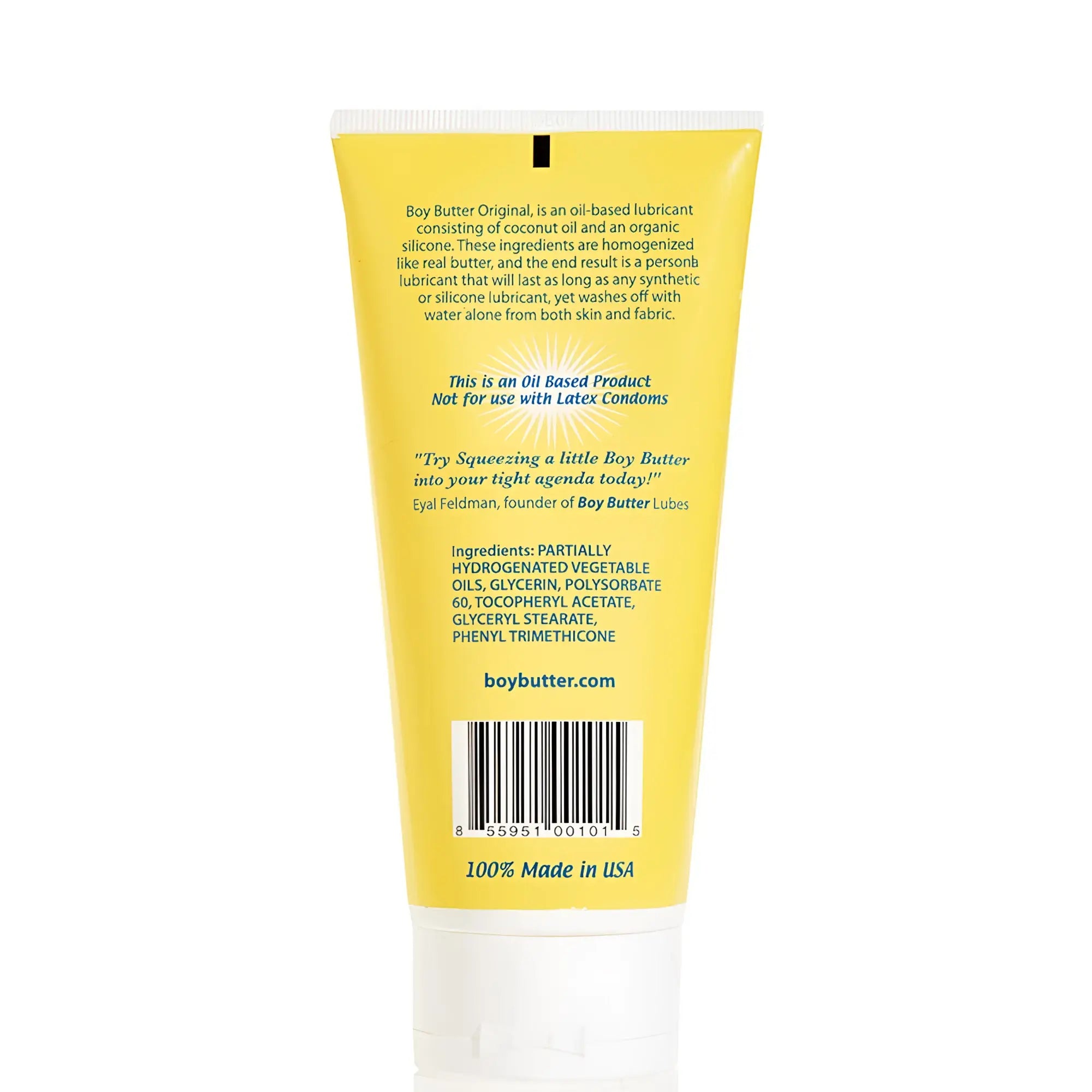 Bright yellow tube of boy butter original oil-based lubricant with white cap and black barcode shown from the back side