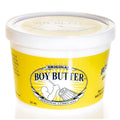 A 16 oz. tub of Boy Butter Original personal lubricant with a bright yellow label and white lid.