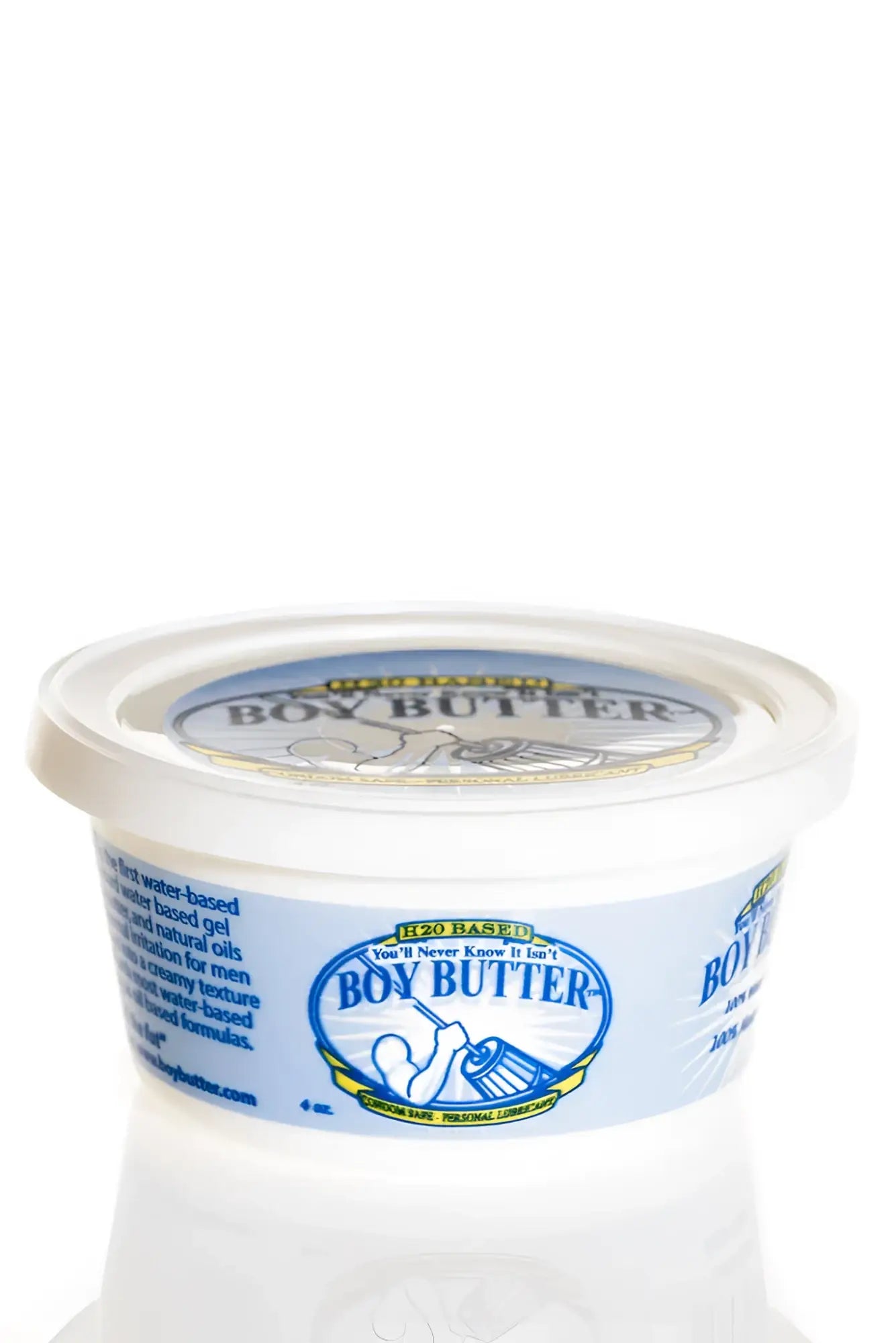 A white plastic container of boy butter water based gel featuring blue and yellow branding on the front