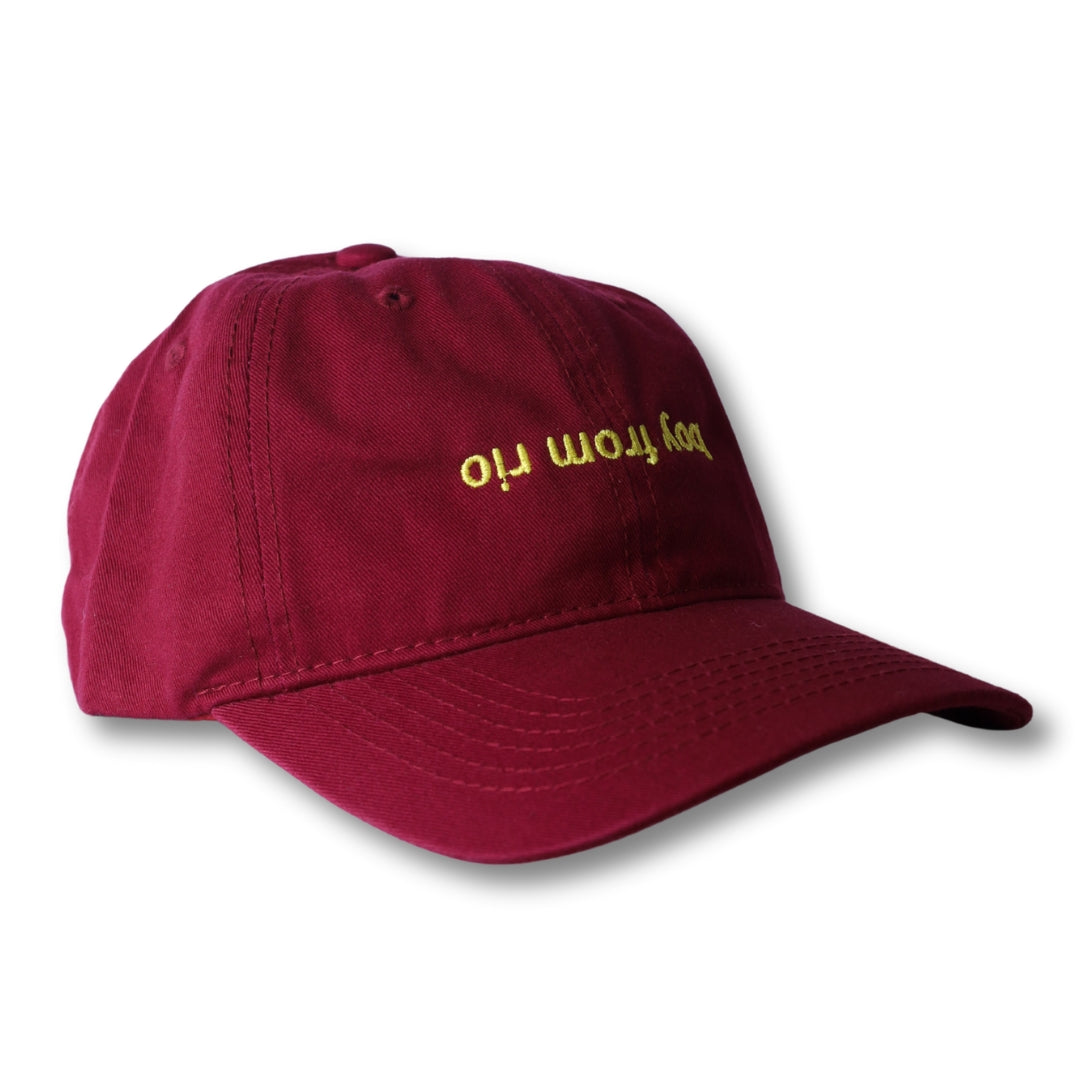 Maroon dad hat baseball cap with gold embroidered you from or text front boy from rio flip design