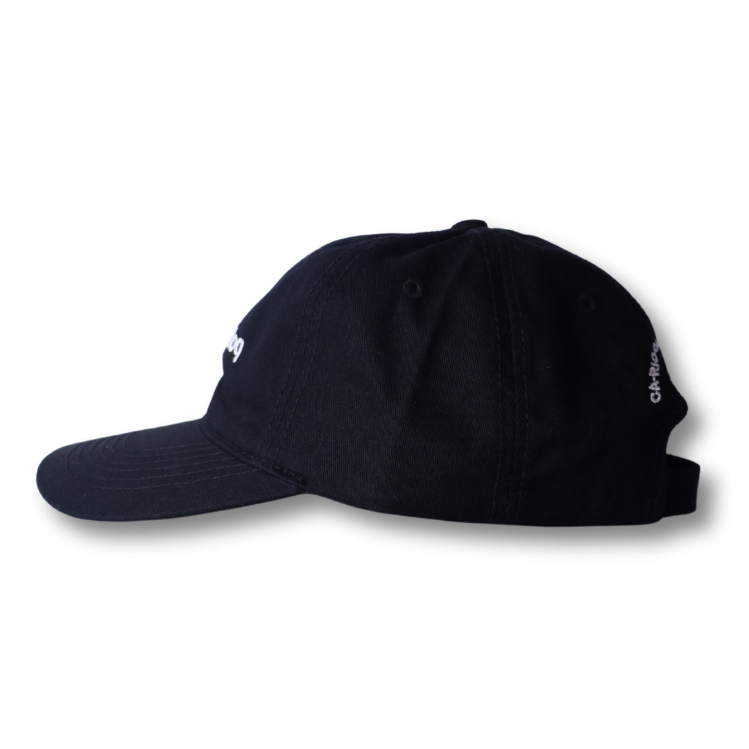 Black cotton dad hat boy from rio flip with white embroidered logo on front and side