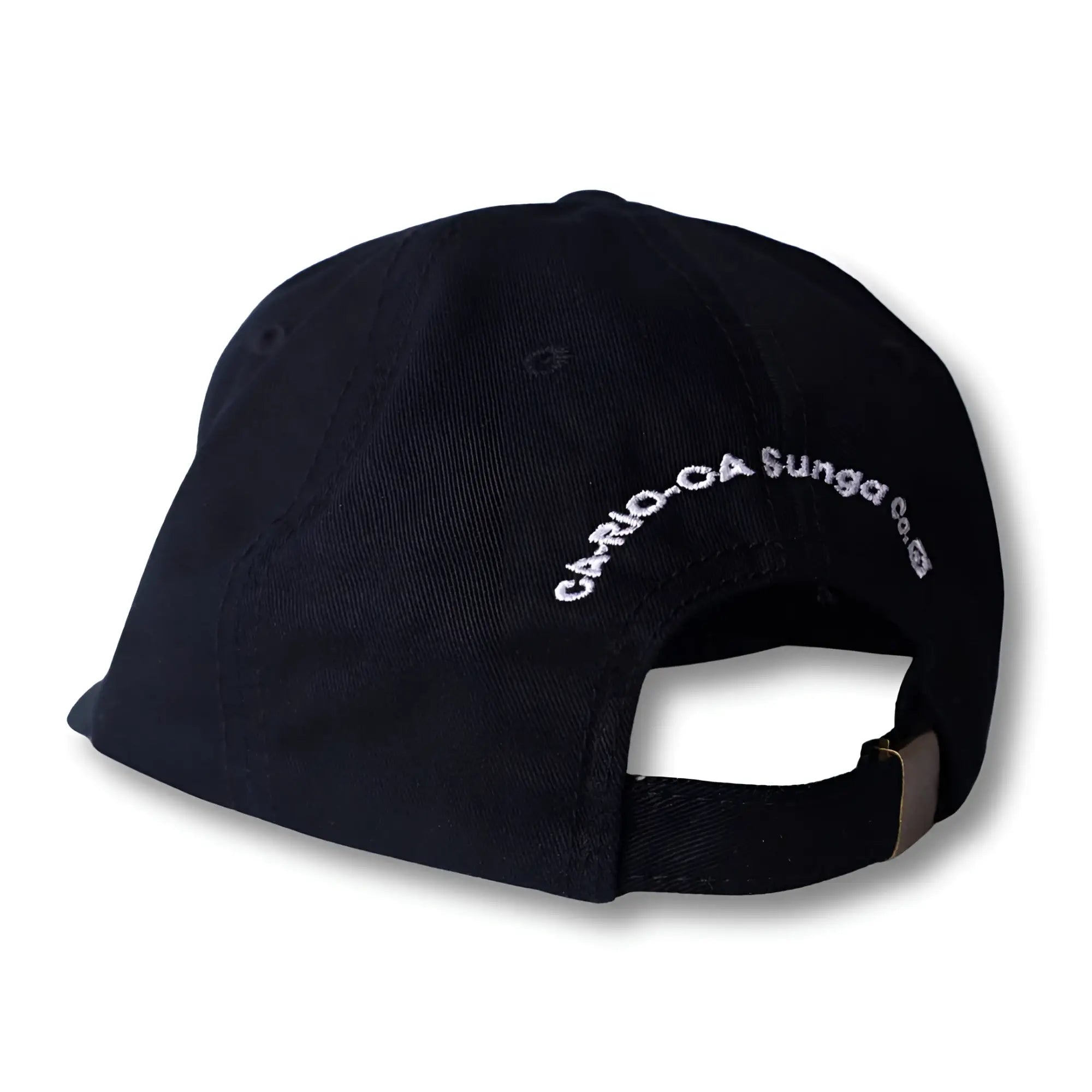 Black cotton dad hat with white embroidered text on the back from boy from rio flip collection
