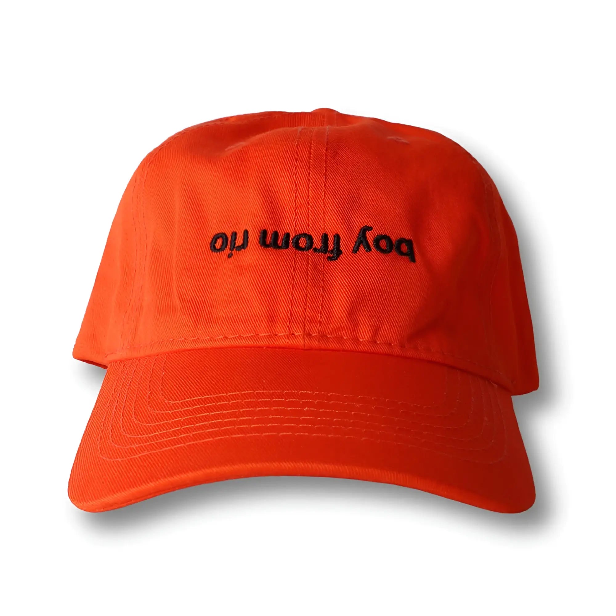 Bright orange dad hat with black embroidered boy from rio text front and cotton material for casual wear