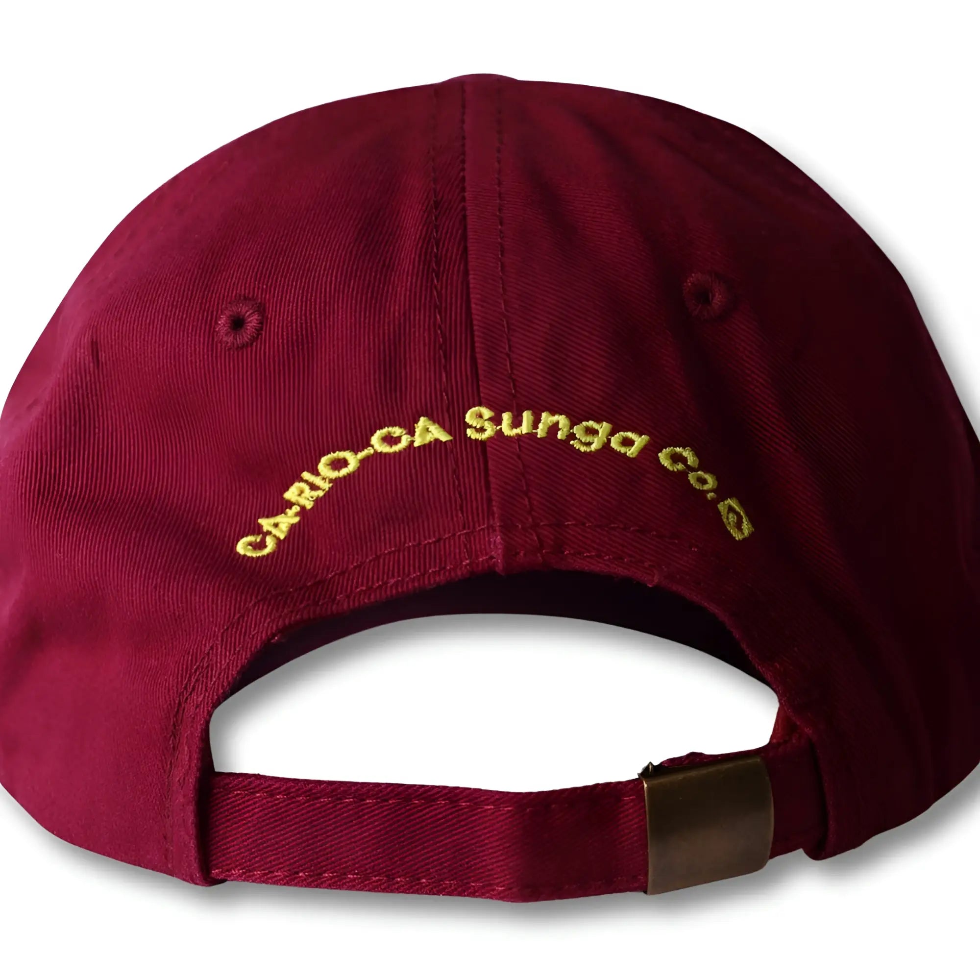 Back of maroon boy from rio flip dad hat with gold embroidered cario-ca sunga co text and metallic buckle strap