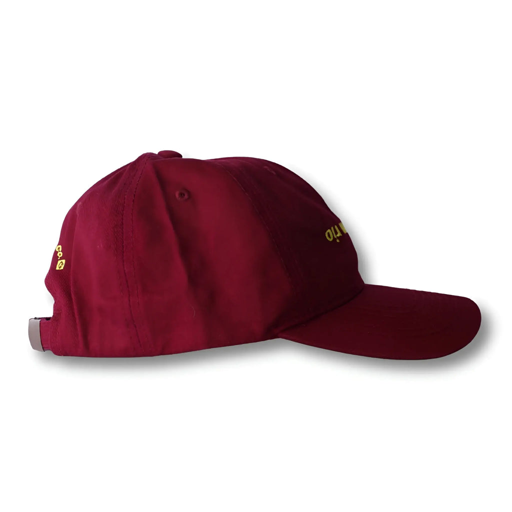 Maroon dad hat boy from rio flip with gold embroidered text on the side and silver adjustable strap on the back