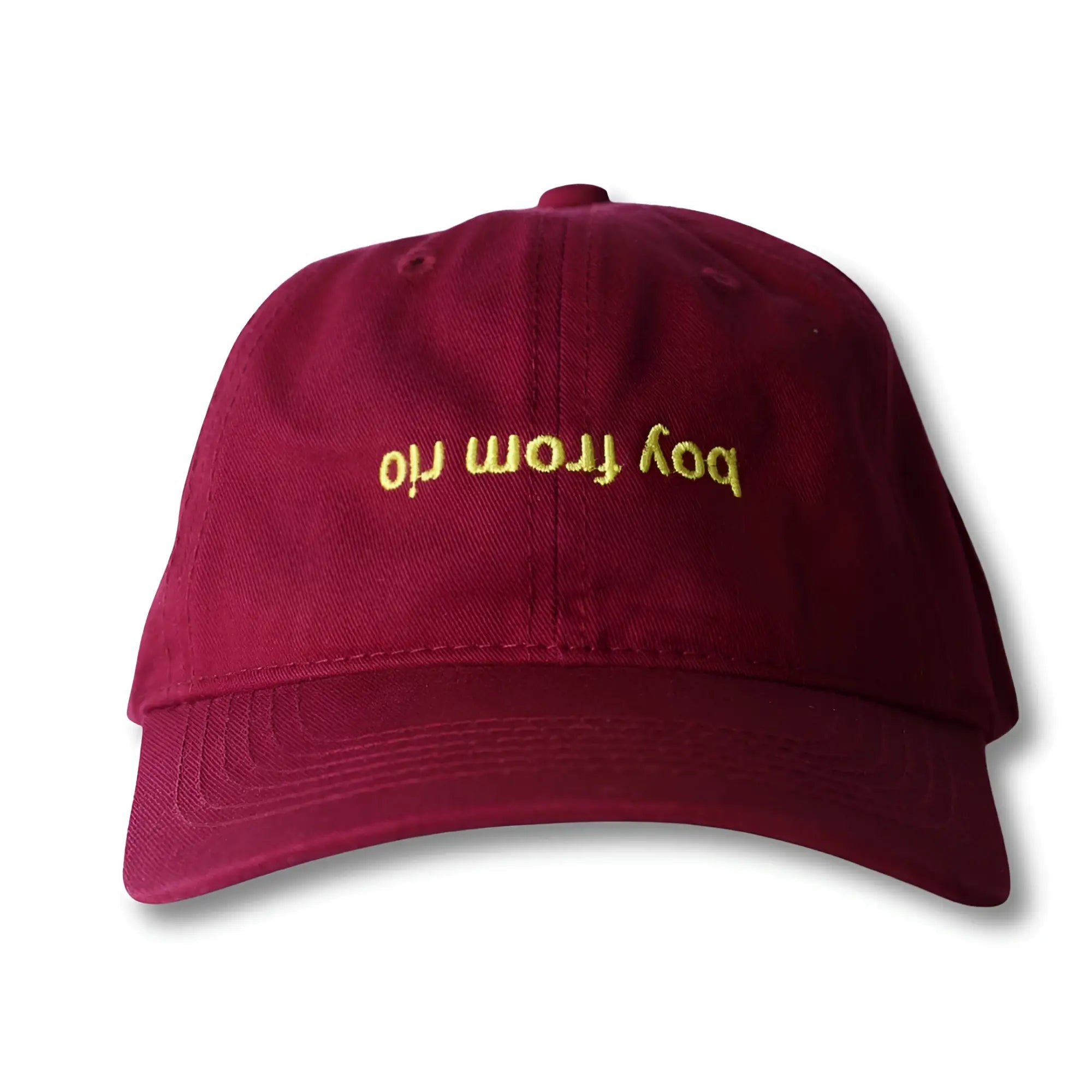 Maroon dad hat with gold embroidered text bod from iri from the boy from rio flip collection
