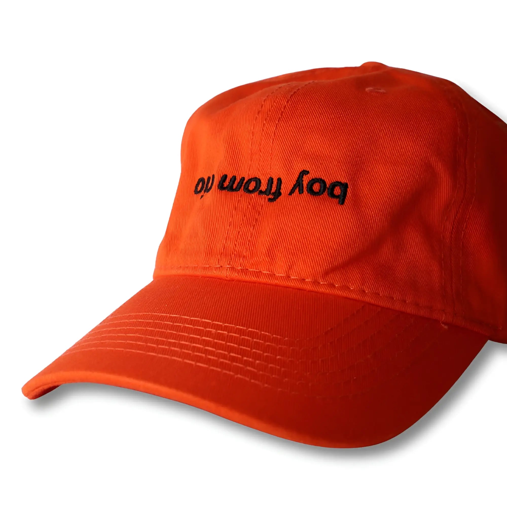 Orange cotton dad hat baseball cap with black embroidered text boy from in from boy from rio flip collection
