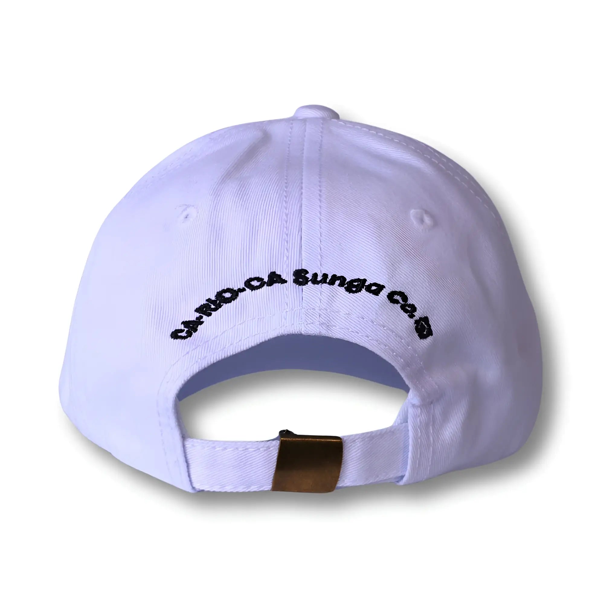 White dad hat from boy from rio with black embroidered text and gold-tone metal buckle back view