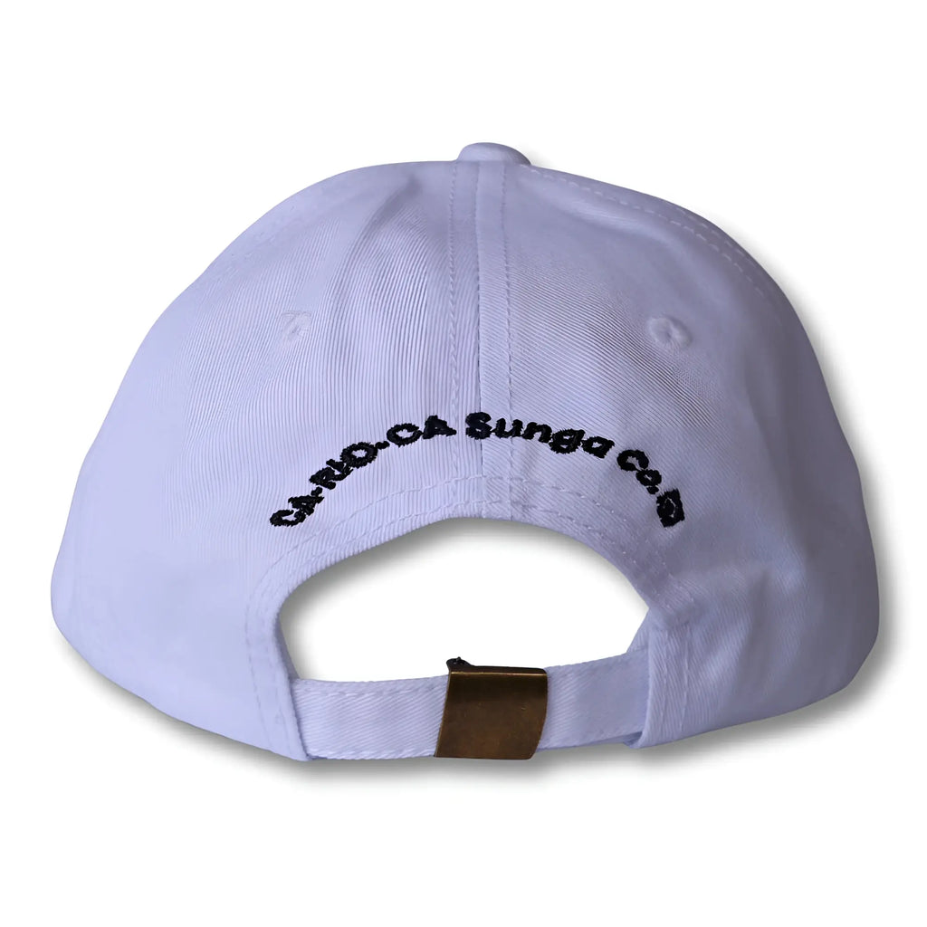 White boy from rio flip dad hat with black embroidered text and brass-colored metal buckle on the back side