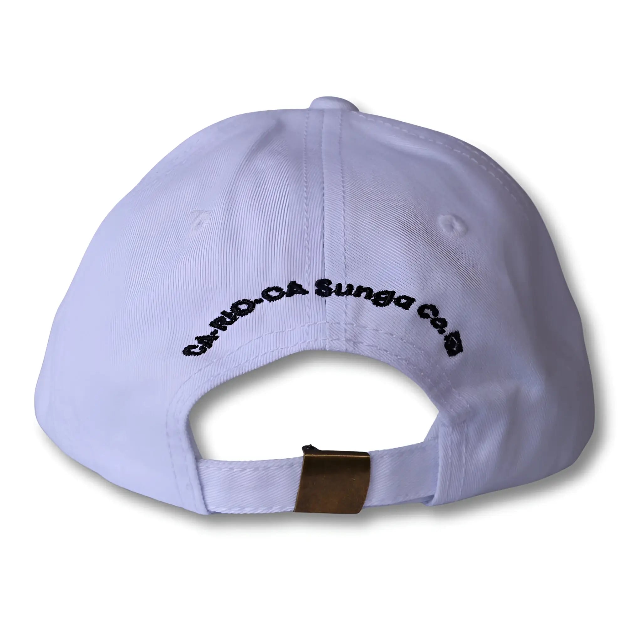 White boy from rio flip dad hat with black embroidered text and brass-colored metal buckle on the back side