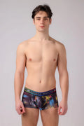 Adam smith brand men’s boyshort boxer briefs with vibrant abstract multicolored geometric pattern and rainbow waistband