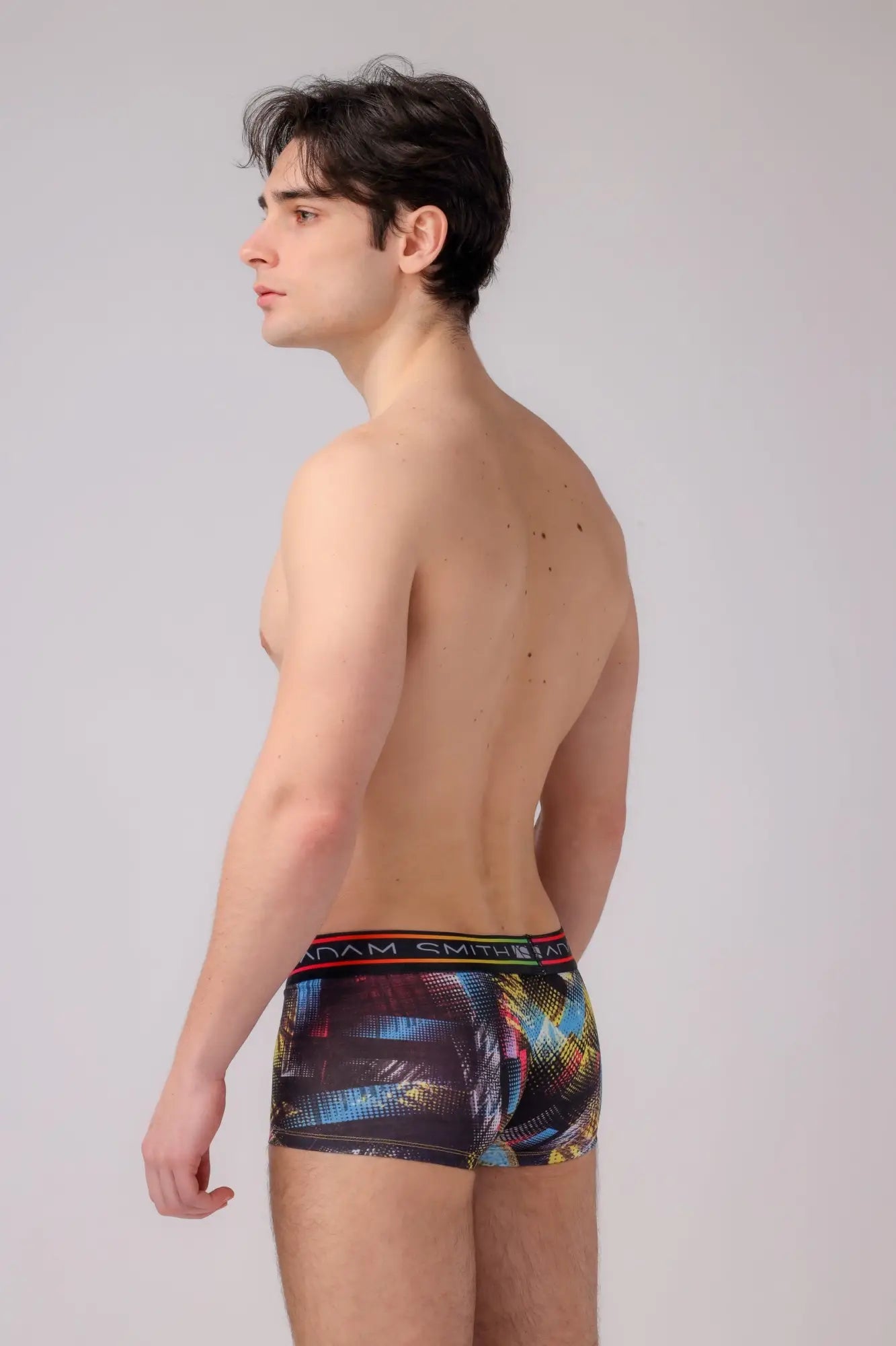 Adam smith men’s boyshort boxer briefs with vibrant multicolored digital print and elastic waistband