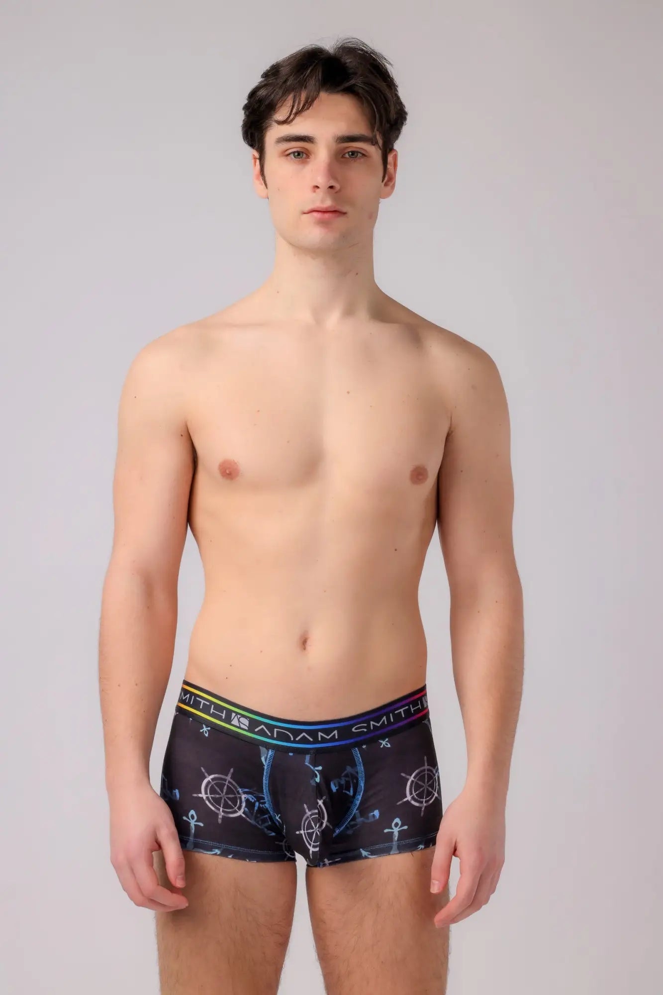 Black men’s boyshort boxer briefs with nautical blue ship wheels anchors pattern and colorful with adam smith waistband