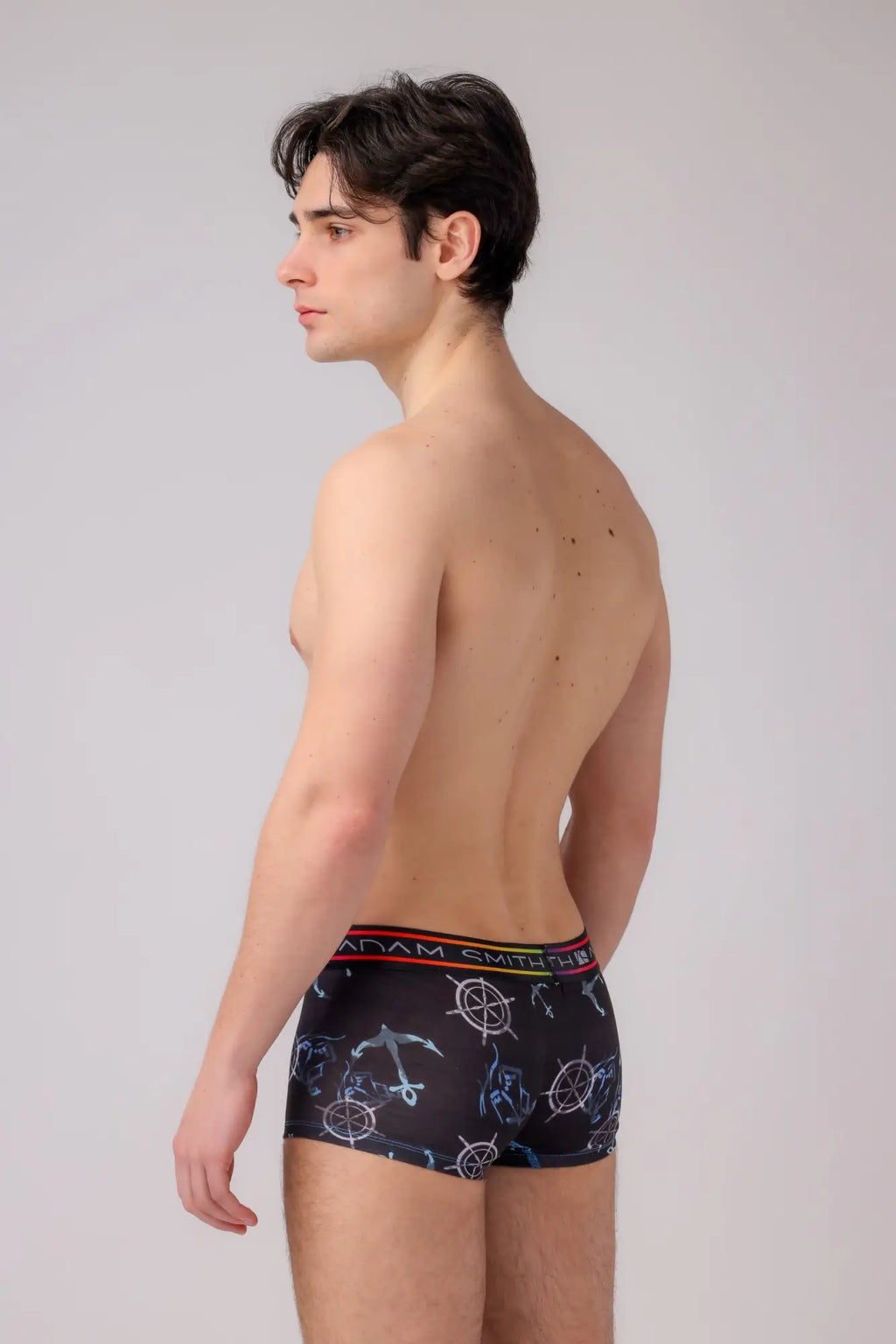 Boyshorts black boxer briefs with nautical anchor and ship wheel pattern in white blue and light gray colors