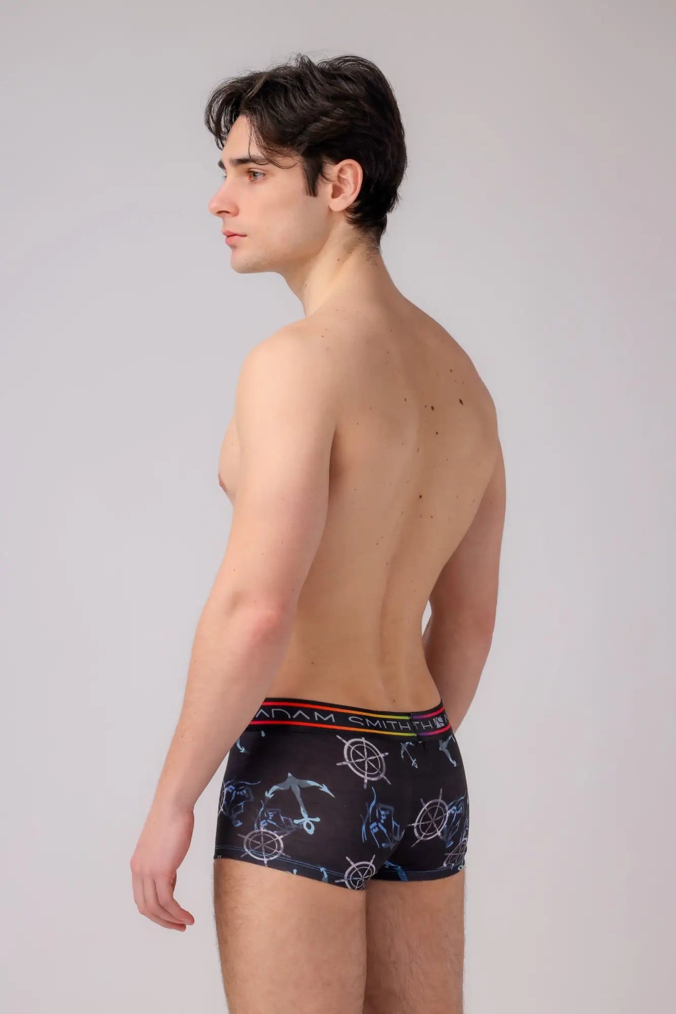 Boyshorts black boxer briefs with nautical anchor and ship wheel pattern in white blue and light gray colors