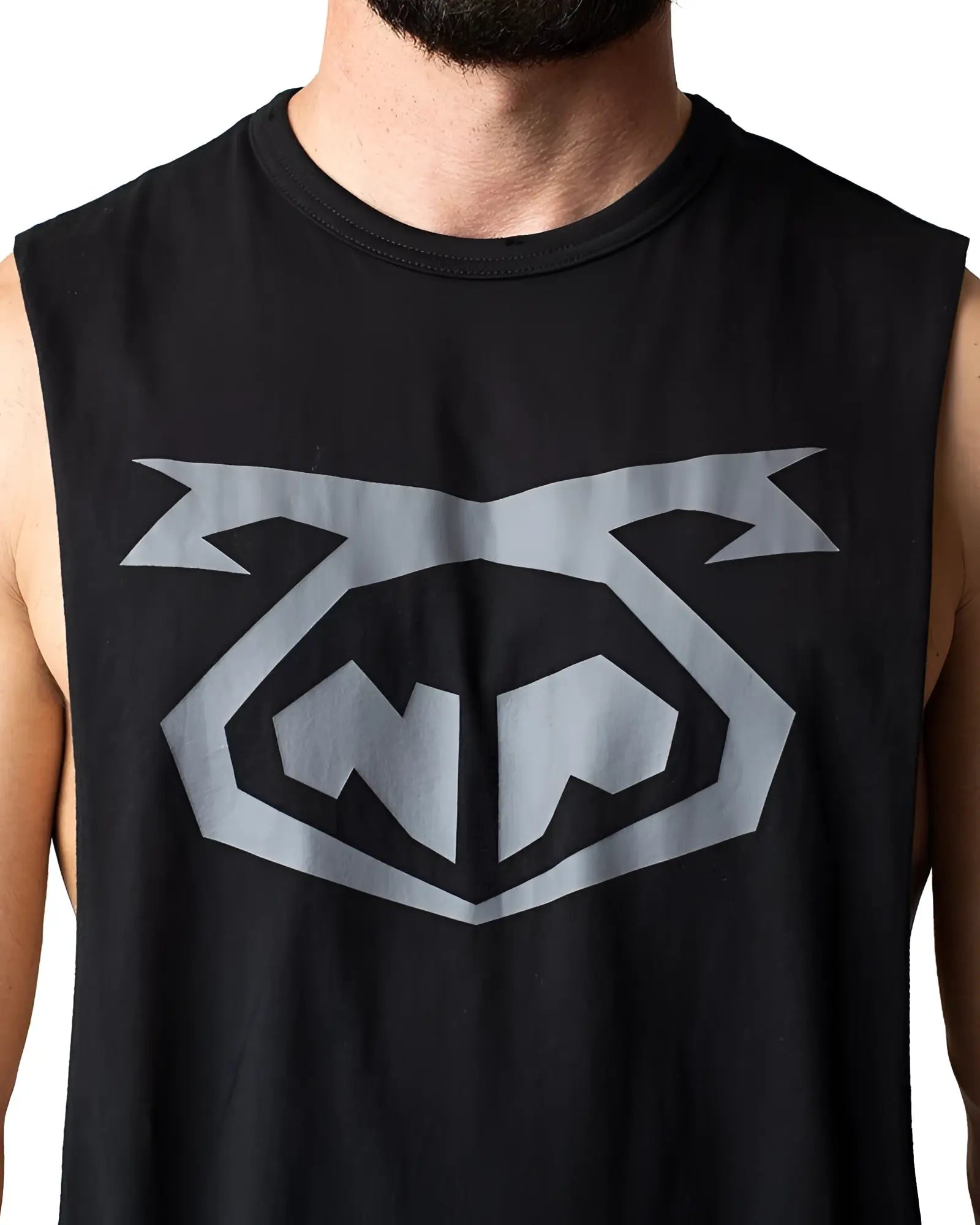 Black sleeveless muscle tank top with bold geometric gray logo featuring angular design elements for workouts