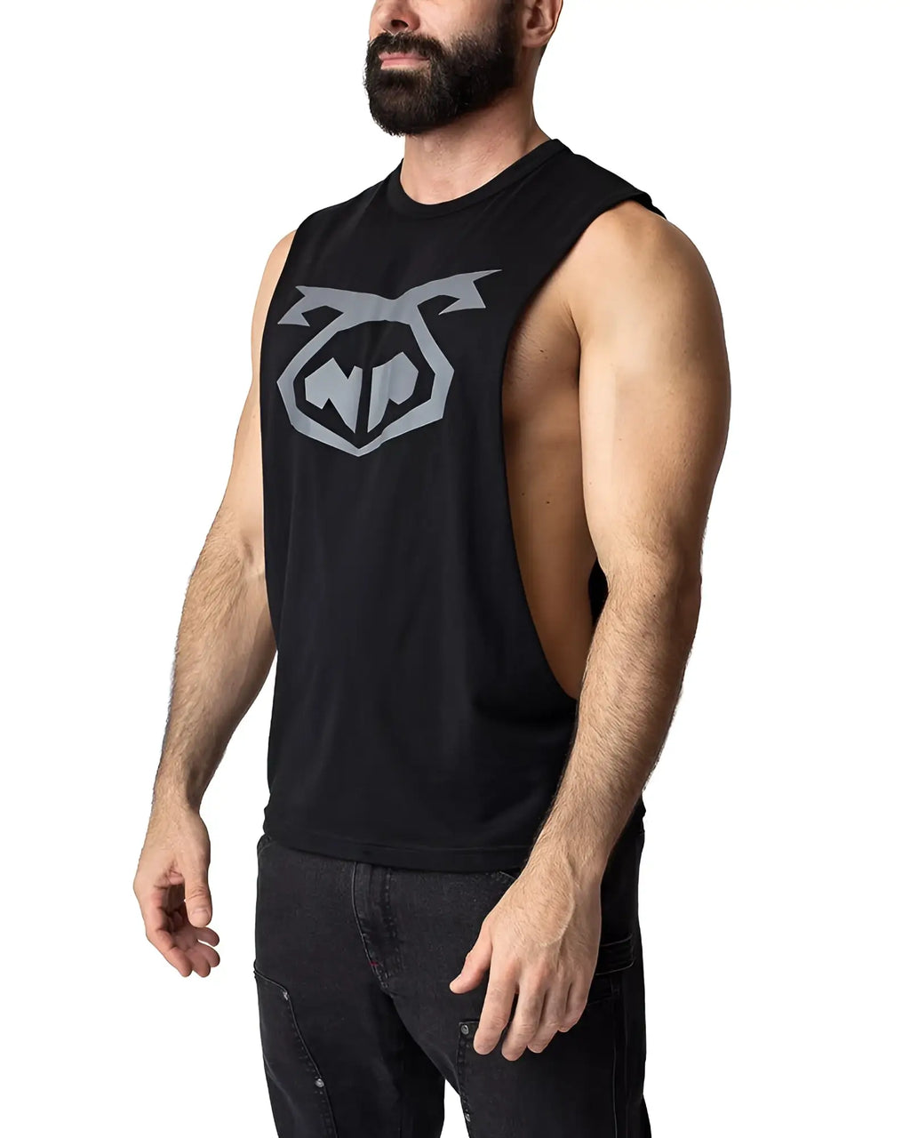 Black sleeveless muscle tank top with gray geometric logo on chest from brandmark shredder for workouts