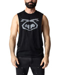 Black sleeveless muscle tank top with a silver gray brandmark shredder logo on the chest for athletic wear