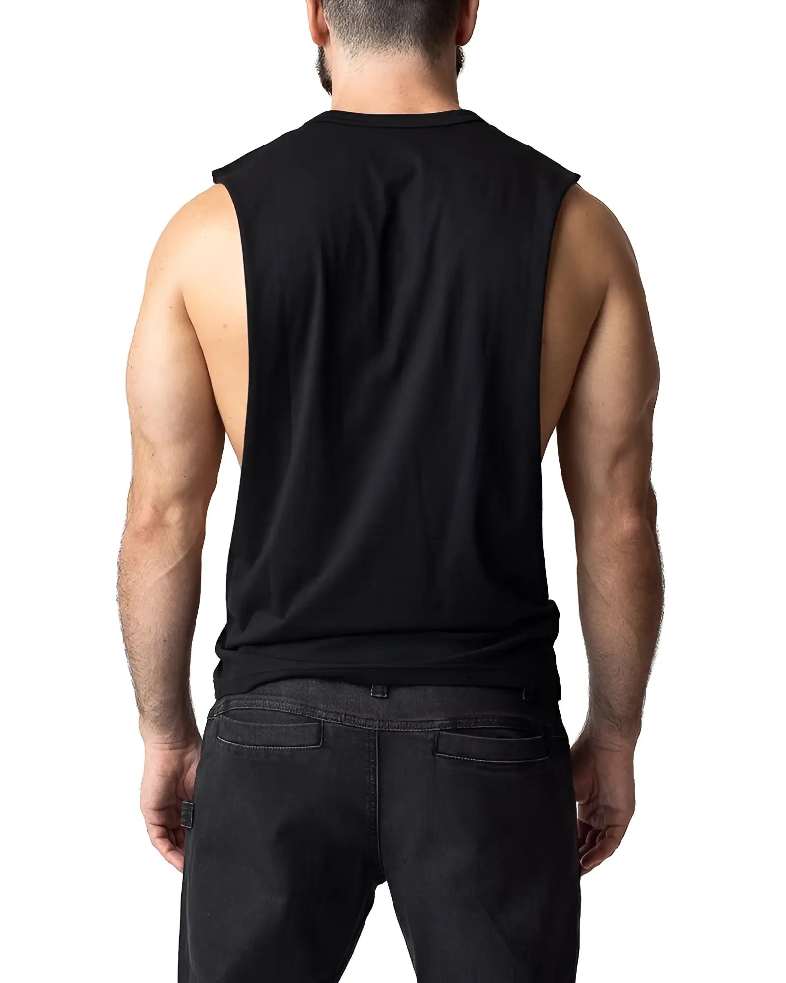 Black sleeveless muscle tank top brandmark shredder with ribbed neckline and relaxed fit for casual workouts