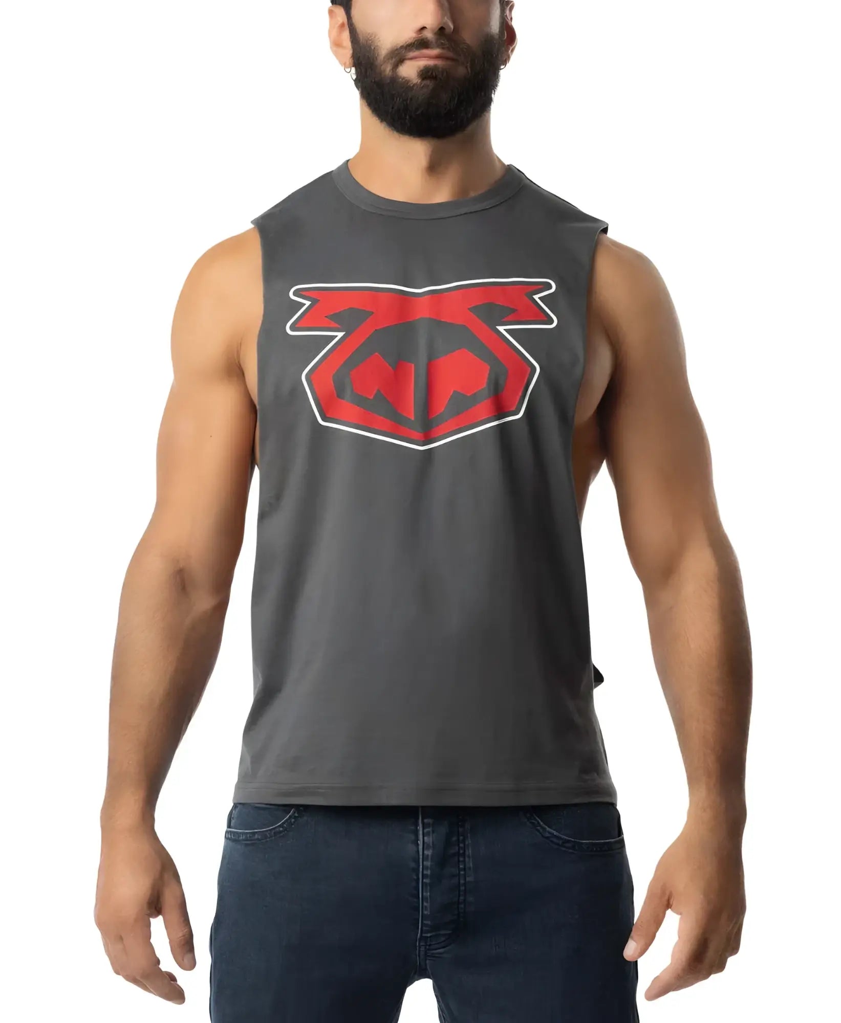 Dark gray sleeveless muscle tank top featuring a bold red and white brandmark logo on the chest for activewear