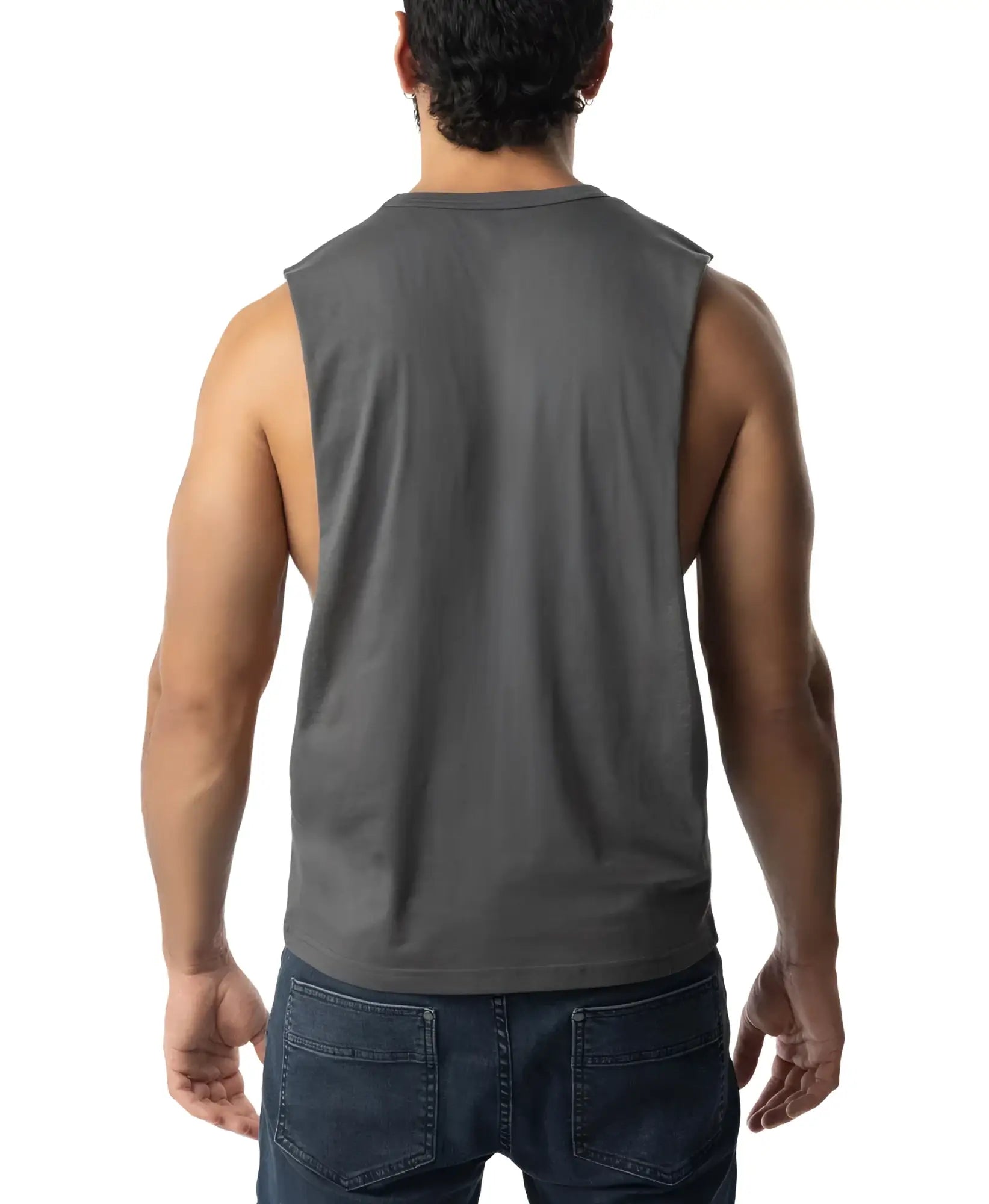 Brandmark shredder tank top 3.0 is a dark gray sleeveless muscle tank with a crew neckline and relaxed fit