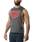 Gray brandmark shredder tank top 3.0 muscle tank with bold red and black graphic logo on chest made of soft fabric
