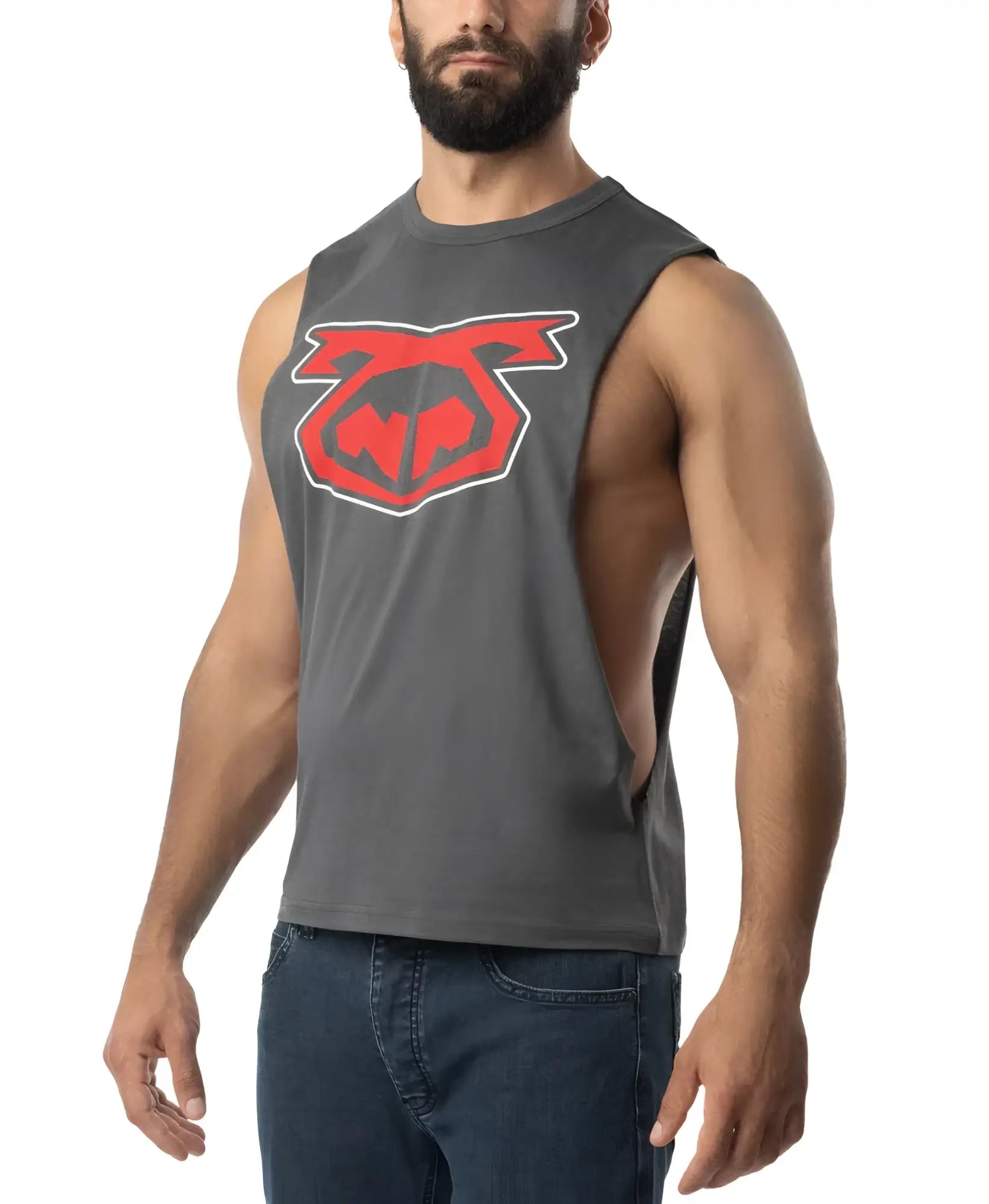 Gray brandmark shredder tank top 3.0 muscle tank with bold red and black graphic logo on chest made of soft fabric